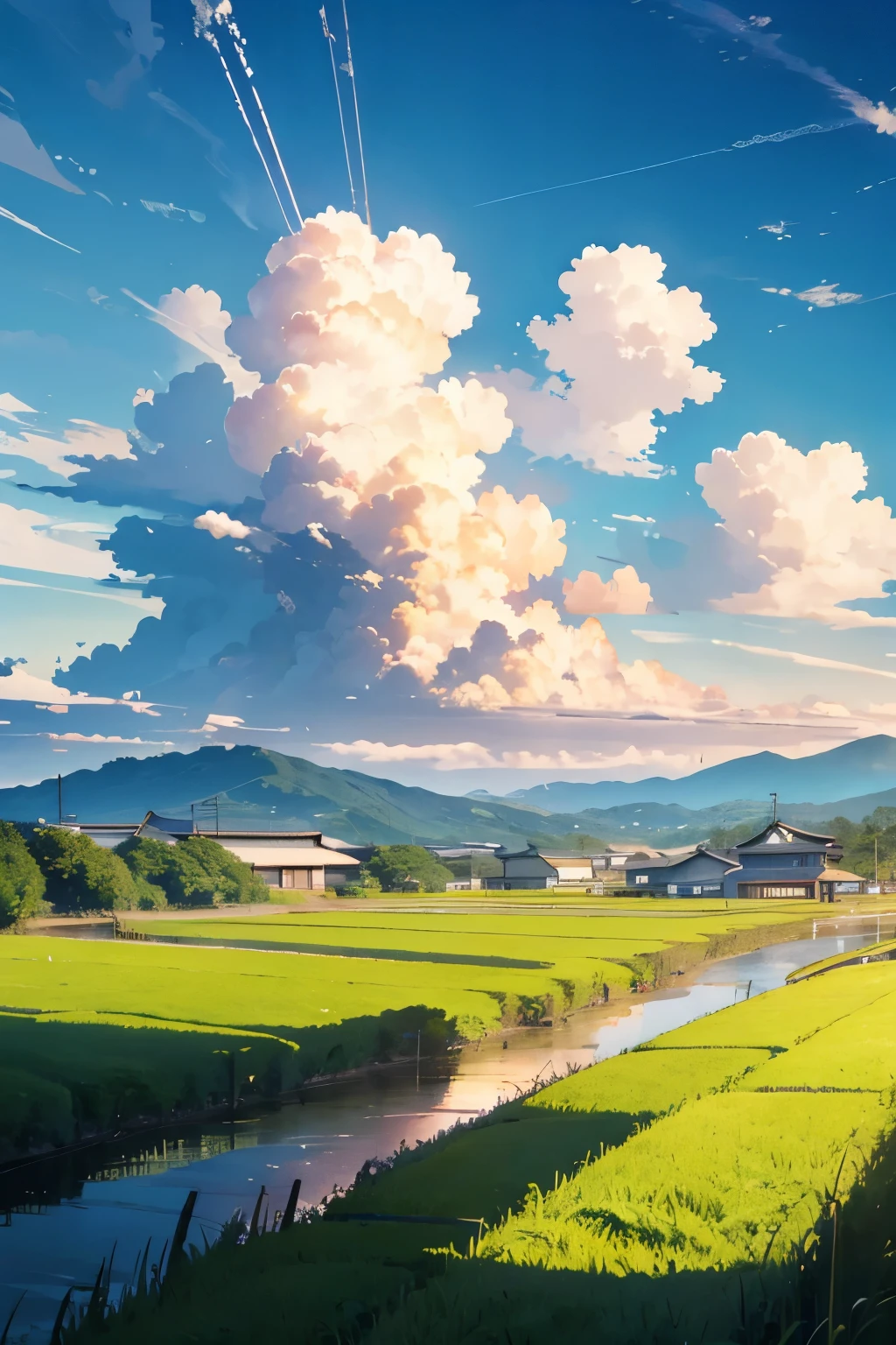 countryside 、summer、Japan、evening、Electric pole、Paddy field、cumulonimbus