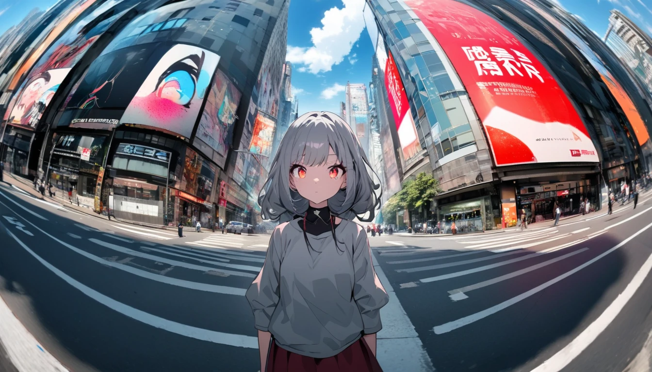 A girl and her shadow in a modern city, the shadow is the demon in the girl's mind, fisheye lens, tense lens, the main body of the photo is the background of a big city, bright and fresh photo, beautiful abstract huge city and teenage girl character in it. Gray hair color, glowing red eyes, long hairstyle, mole under the left eye, surreal background