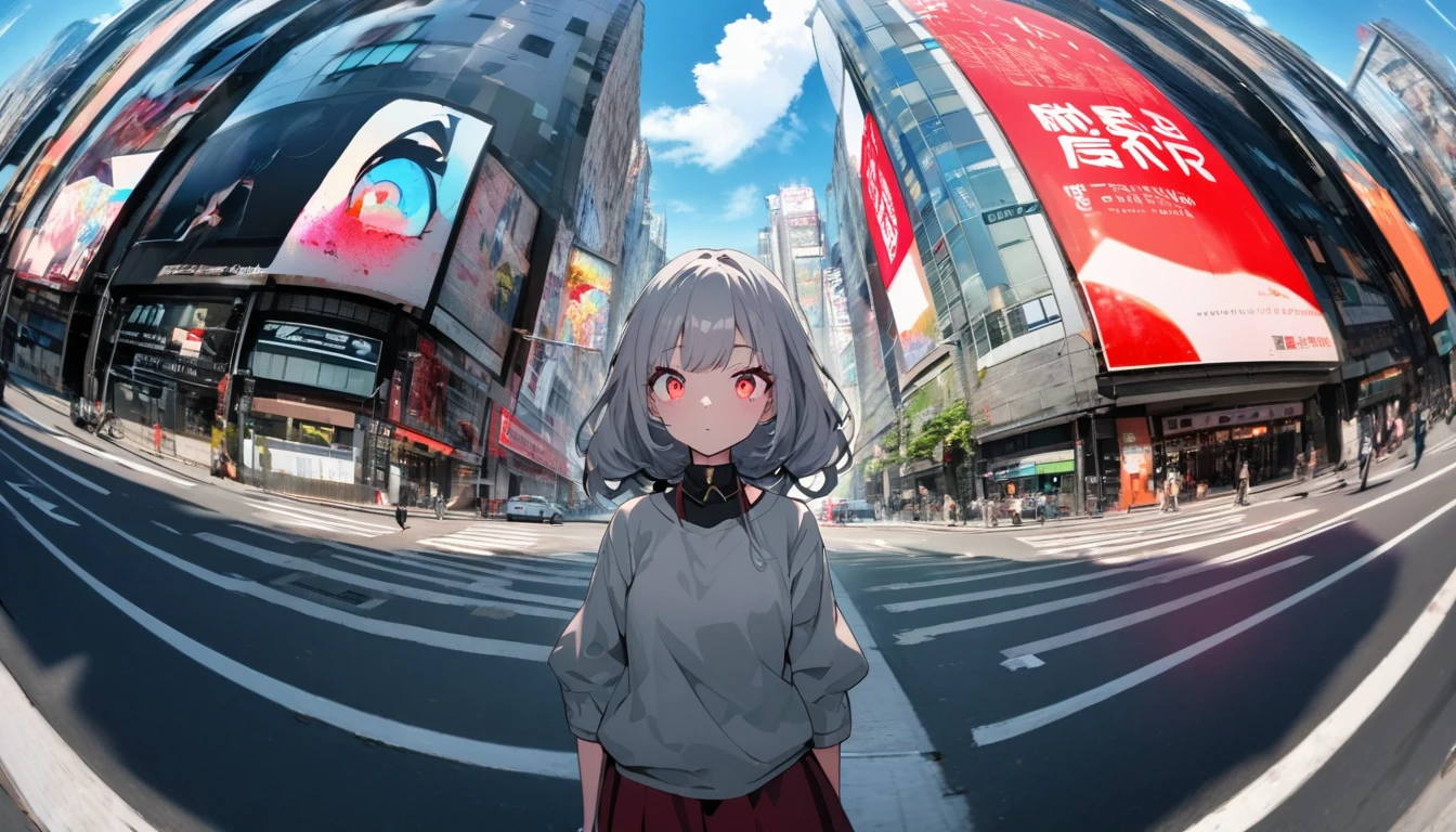 A girl and her shadow in a modern city, the shadow is the demon in the girl's mind, fisheye lens, tense lens, the main body of the photo is the background of a big city, bright and fresh photo, beautiful abstract huge city and teenage girl character in it. Gray hair color, glowing red eyes, long hairstyle, mole under the left eye, surreal background