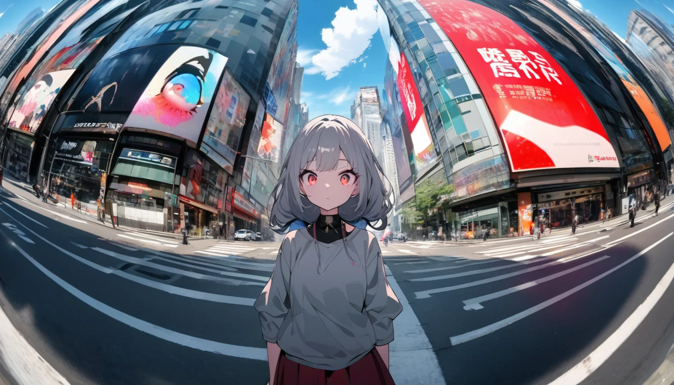 A girl and her shadow in a modern city, the shadow is the demon in the girl's mind, fisheye lens, tense lens, the main body of the photo is the background of a big city, bright and fresh photo, beautiful abstract huge city and teenage girl character in it. Gray hair color, glowing red eyes, long hairstyle, mole under the left eye, surreal background