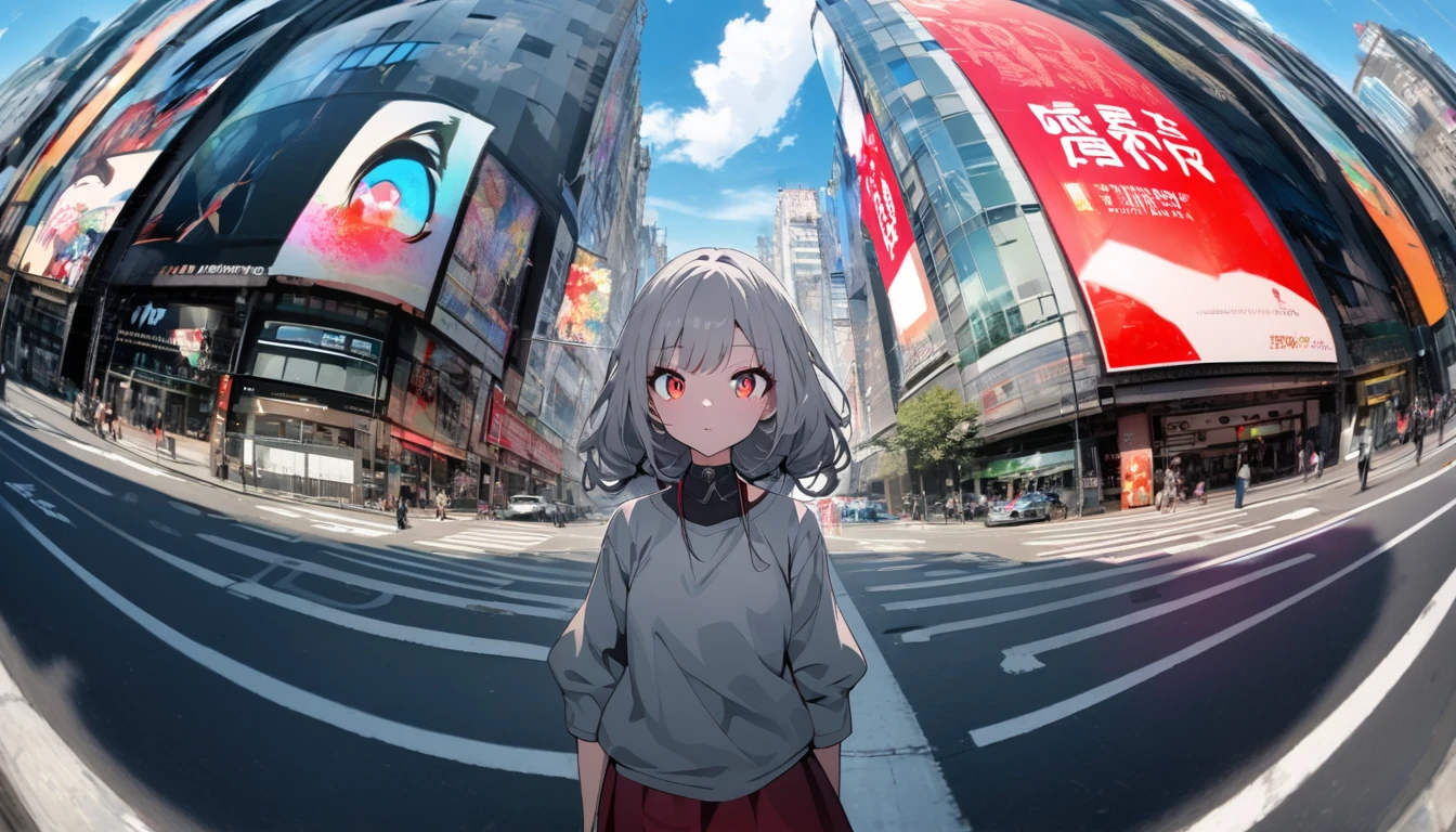 A girl and her shadow in a modern city, the shadow is the demon in the girl's mind, fisheye lens, tense lens, the main body of the photo is the background of a big city, bright and fresh photo, beautiful abstract huge city and teenage girl character in it. Gray hair color, glowing red eyes, long hairstyle, mole under the left eye, surreal background