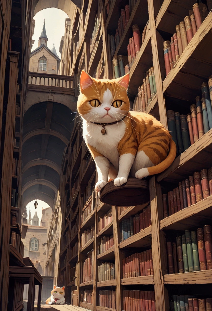 Boss cat looking down from the top of a very high bookshelf, 