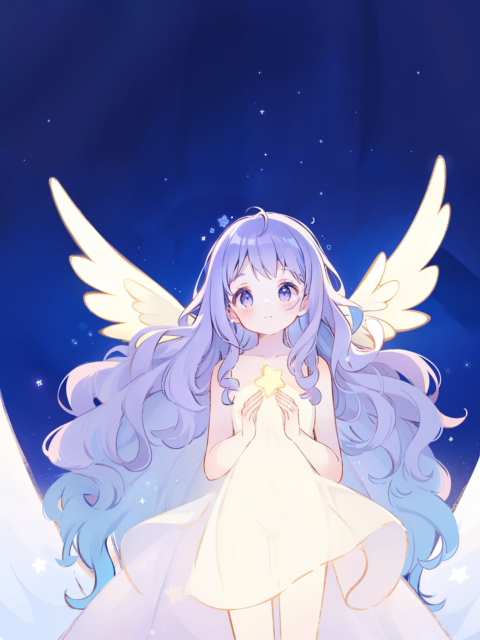 nude angel girl wearing an ethereal translucent dress, pale skin, ((wavy gradient blue purple hair)), white feathers, angel wings, sparkling detailed eyes, golden ratio face, perfect composition, highly detailed, ethereal, (starry night sky background), midjourney style