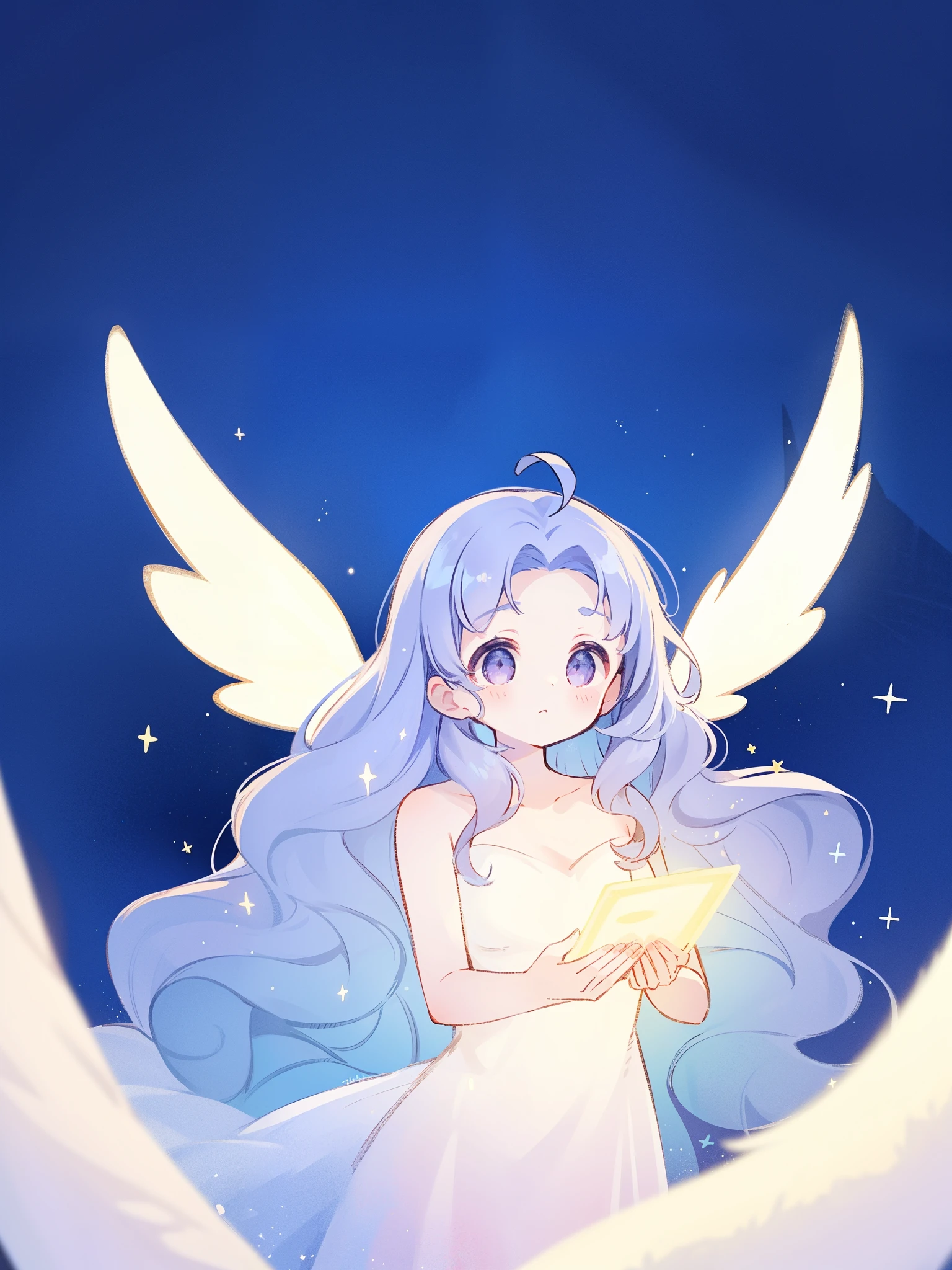 nude angel girl wearing an ethereal translucent dress, pale skin, ((wavy gradient blue purple hair)), white feathers, angel wings, sparkling detailed eyes, golden ratio face, perfect composition, highly detailed, ethereal, (starry night sky background), midjourney style