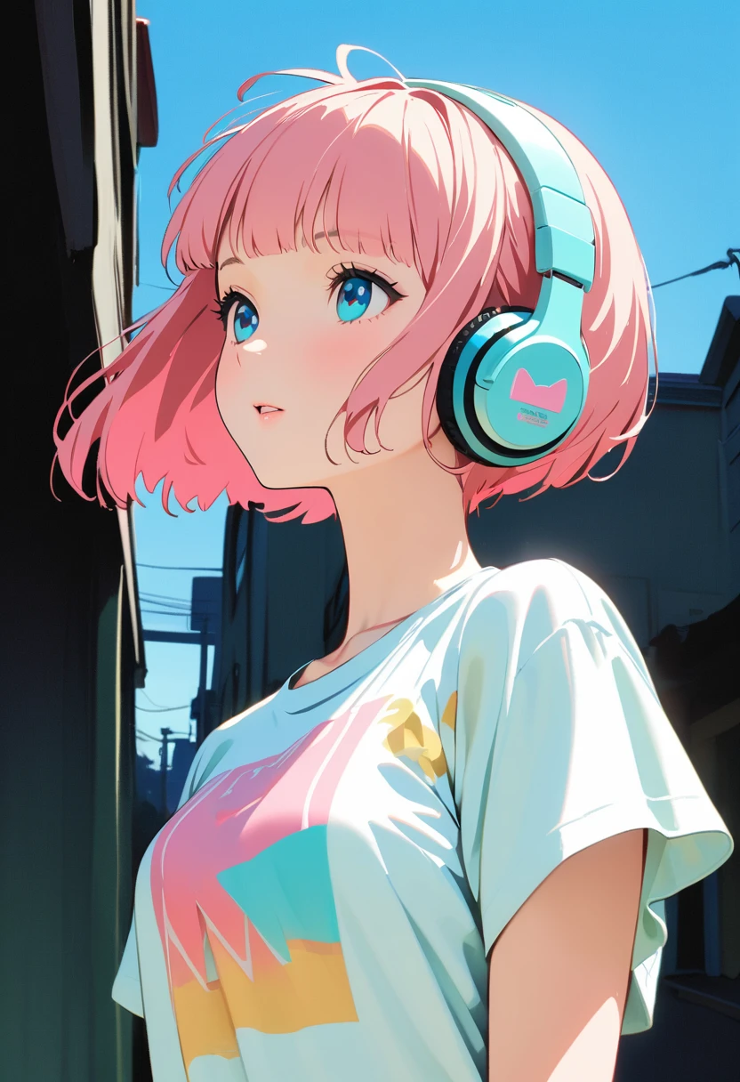 (Highest quality:1.2, City Pop Style, Very detailed, Latest, Vibrant, High Contrast, masterpiece:1.2, Highest quality, Best aesthetics), girl, ((Face Up Shot:1.4)), Bobcut, pastel colour, 1980s style, ((Retro, Vintage, Plain background))　Headphones,Black and White