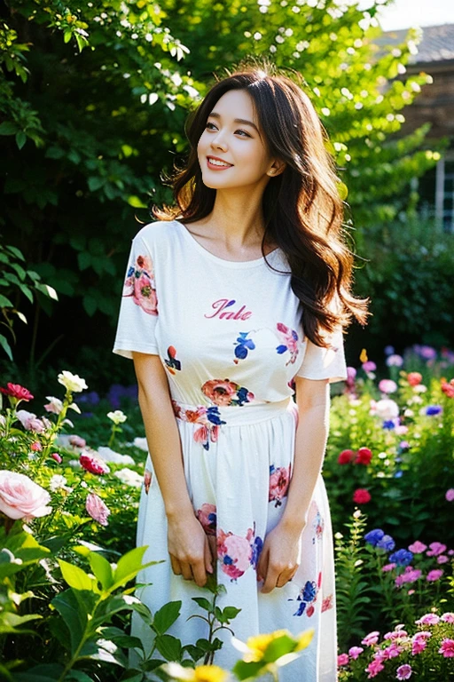 (masterpiece:1.2),1girl,pale_skin,realistic skin,long leg,standing,floral print t-shirt with a mix of blooming flowers,huge breast,long hair,wavy_hair,brown hair,(looking away),grin,shiny_lips,eyelashes,make-up,a garden of ethereal beauty flourishes,within a celestial realm,cinematic lighting,