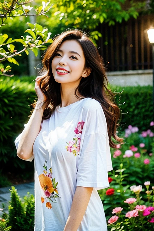 (masterpiece:1.2),1girl,pale_skin,realistic skin,long leg,standing,floral print t-shirt with a mix of blooming flowers,huge breast,long hair,wavy_hair,brown hair,(looking away),grin,shiny_lips,eyelashes,make-up,a garden of ethereal beauty flourishes,within a celestial realm,cinematic lighting,