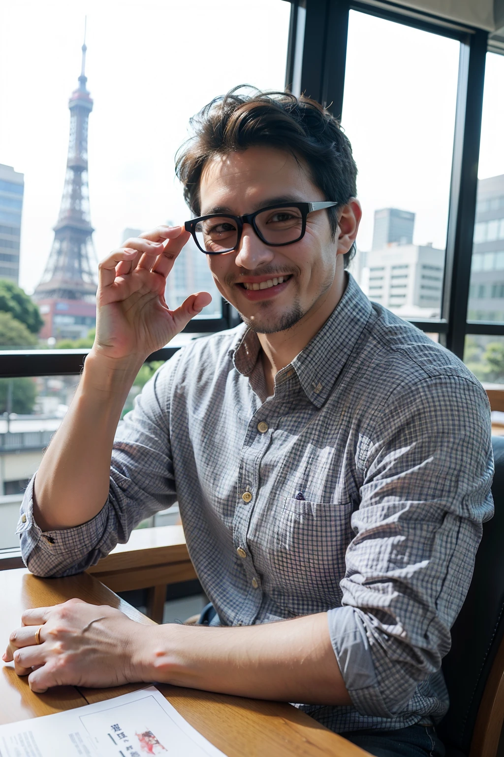 Raising a 40-Year-Old Man, smiling happily, Wear thin-rimmed gold-rimmed glasses, Holding a colorful mug with colorful patterns in hand, The other hand gestures like,Purple Check Shirt and Jeans, Brown eyes, The screen is flawless.Tokyo Tower with book-filled windows in the background