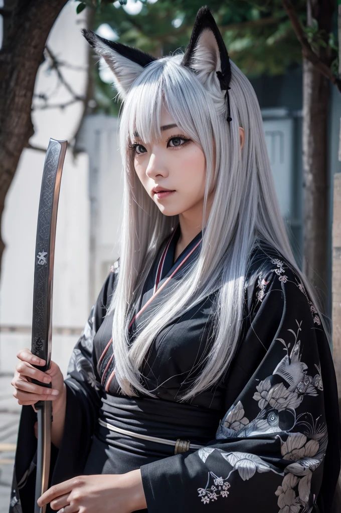 woman、Silver Hair、Long Hair、katana、Fox Mask、Black kimono、looking away、buck shot