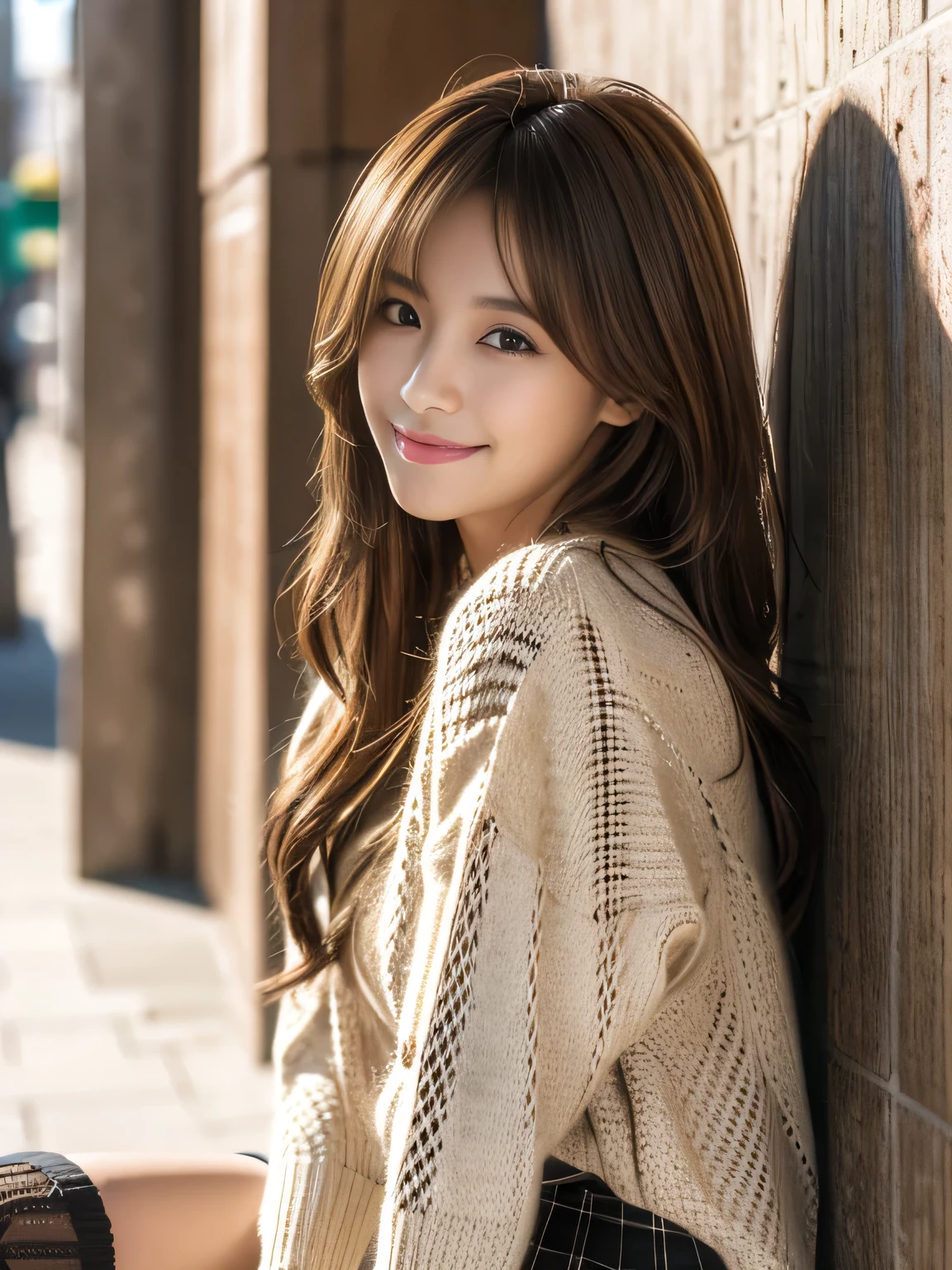 masterpiece, best quality, ultra-detailed, hyperdetailed, realistic, sharp features, highly detailed, sharp focus, Realistic, Photorealistic:1.3, (19 years old:1.3), perfect face, perfect symmetrically eyes, perfect lips, hyper detailed, hyper realistic, high resolution, Fashion Model, Japanese Idol, Slender, brown hair, Stylish, model poses, Beautiful Face, light brown hair, messy hair, Beautiful hairstyle, (seductive smile:1.2), (looking at viewer), cinematic lighting, blurred background, (Argyle knit:1.2), ((Pleated miniskirt, black high socks)), (leaning on wall),