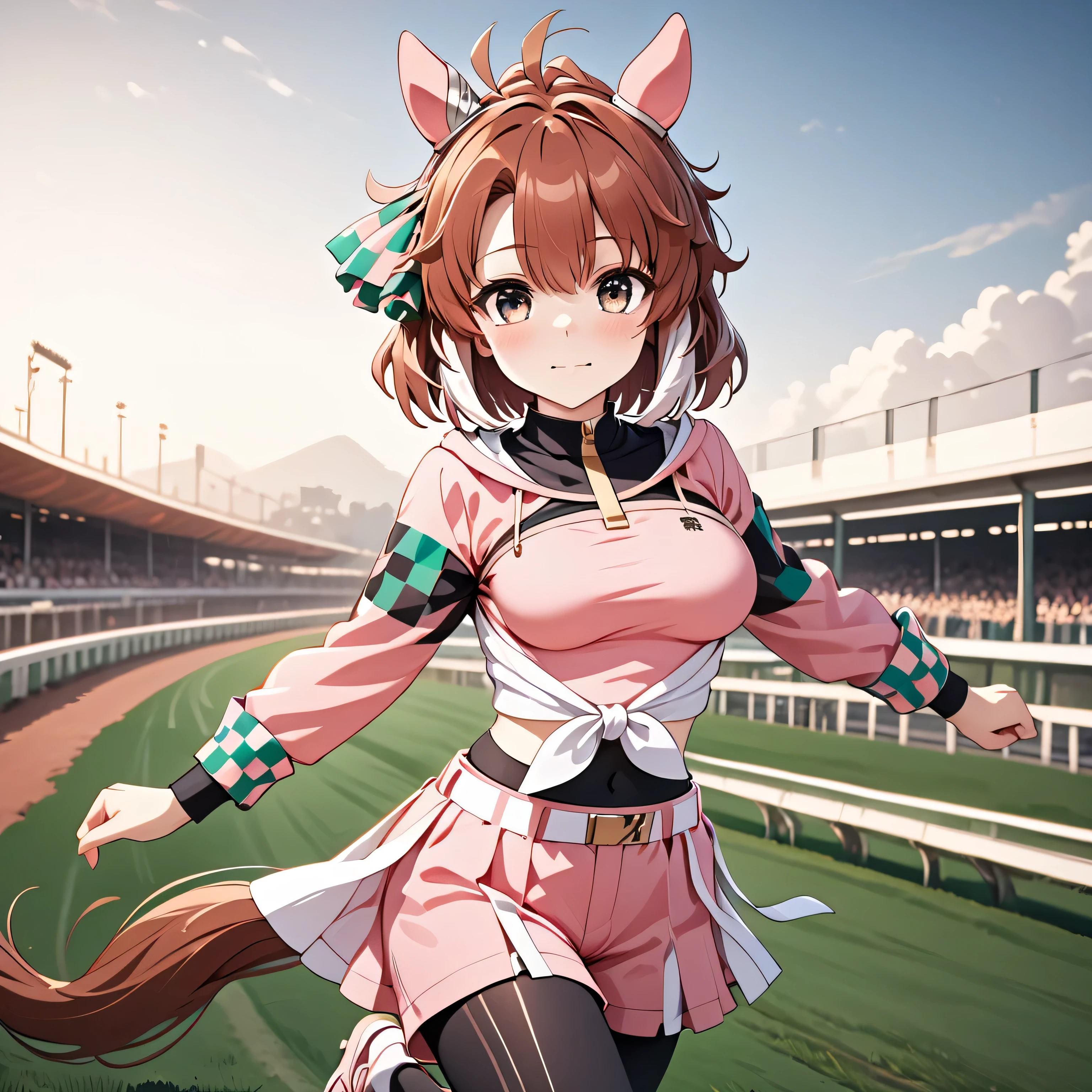 1girl,dantsu_flame\(umamusume\),horse tail,horse ears, pink clothes,black pantyhose, midriff, belt, tied shirt, pink skirt, navel, solo, pink shirt, long sleeves, pink shorts,serious,sweat,closed mouth,grit your teeth, motion blur,(((running))),((dash)), sweat,smoke,(((turf))),motion lines, (((horse racing track))), (((chibi))),,ai-generated,,beautiful eyes,masterpiece,best quality,highres,4k,8k,