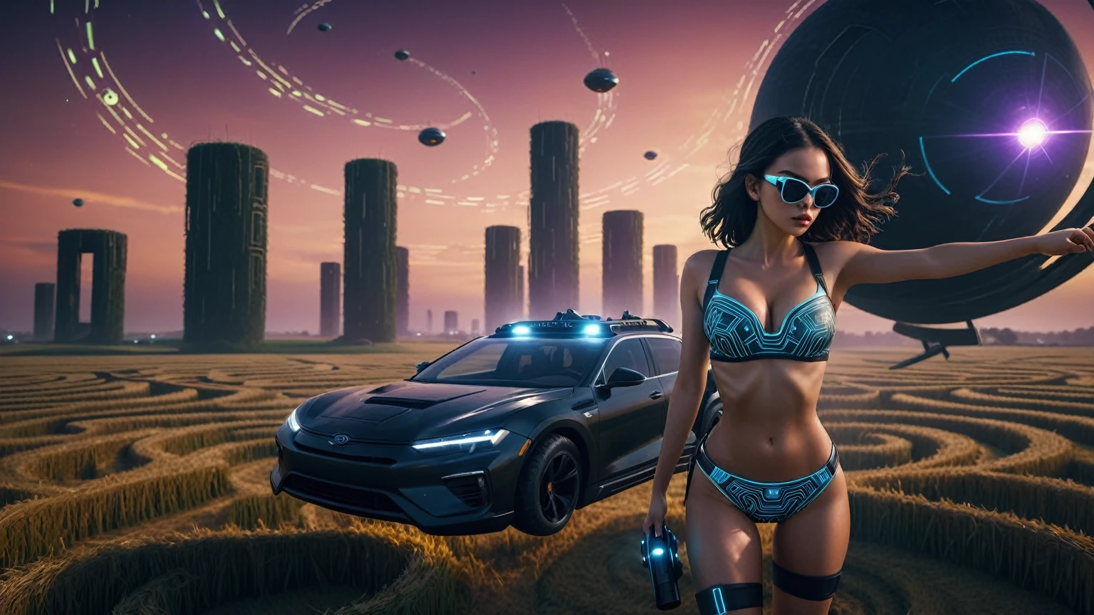 Aerial view, (flying vehicle), sci-fi outdoor crop circle maze as background. Matrix style, at night, dark sky. (1girl, solo), photo realistic, large-:1.2 slim:0.8 body, cleavatube top, miniskirt, (matrix style black sunglasses), (holding a mini:1.1 stun gun), half-body thigh level medium shot, cinematic lighting, ray tracing.