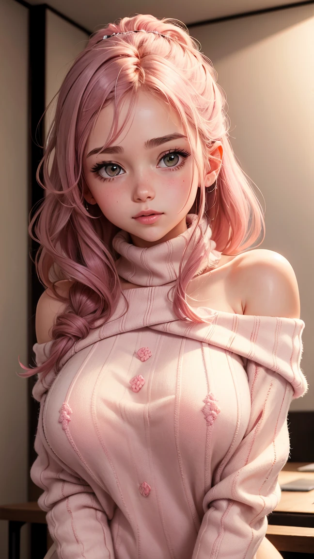 girl with blushy cheeks and pink nipples, ((best quality)), ((masterpiece)), (detailed), 1girl, off-shoulder sweater,
