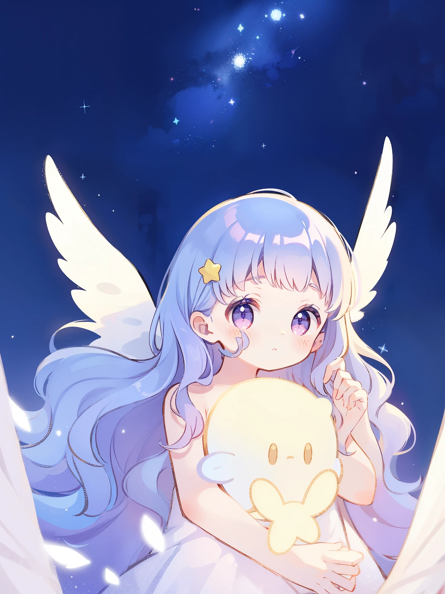 nude angel girl wearing an ethereal translucent dress, pale skin, ((wavy gradient blue purple hair)), white feathers, angel wings, sparkling detailed eyes, golden ratio face, perfect composition, highly detailed, ethereal, (starry night sky background), midjourney style