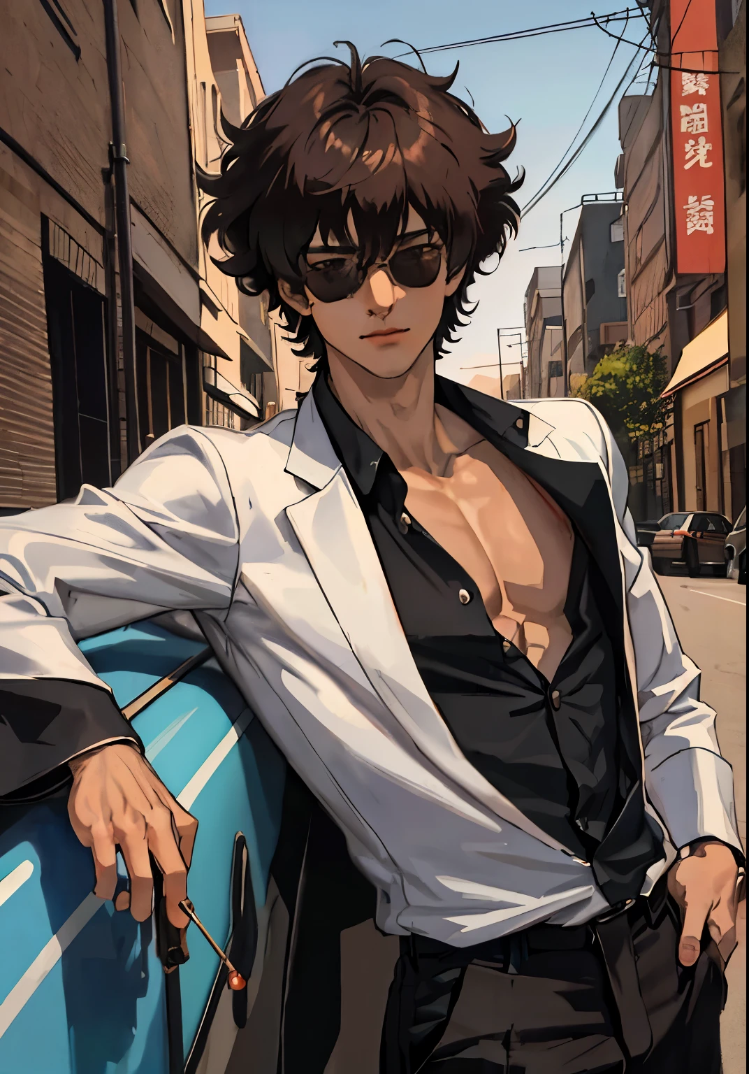 imagine Spike Spiegel with traces of Satoru Gojo, JUJUTSU KAİSEN, Handsome man with medium length black hair, wearing sunglasses on the bridge of the nose, revealing her deep dark brown eyes, looking at the viewers, Charismatic behavior, Confident expression with a subtle smile, hyper-realistic atmospheres, detaileds, 80s anime, 8k