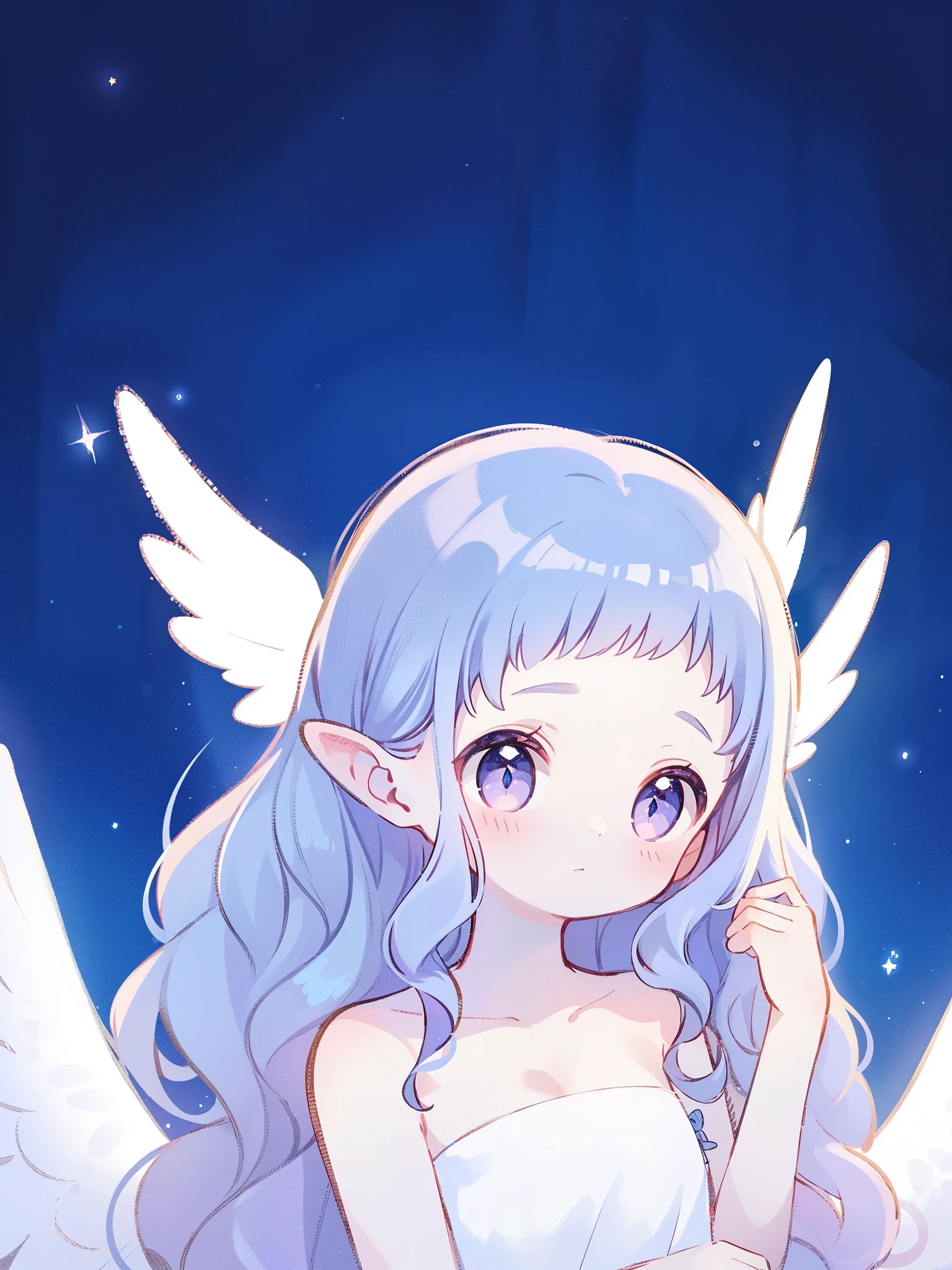 nude angel girl wearing an ethereal translucent dress, pale skin, ((wavy gradient blue purple hair)), white feathers, angel wings, sparkling detailed eyes, golden ratio face, perfect composition, highly detailed, ethereal, (starry night sky background), midjourney style