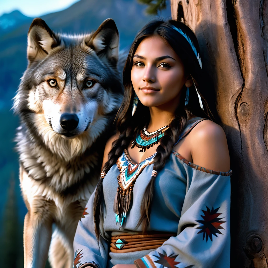 (grainy:0.5), cinematic, beautiful girl 25 year old,native american,fantasy,(solo:1.3), detailed eyes, detailed face, detailed native american sexy clothing , volumetric lighting, dusk, extremely detailed background, standing next to tree and mountain, smiling, half closed eyes, tilted head, from side, sitting next to her wolf