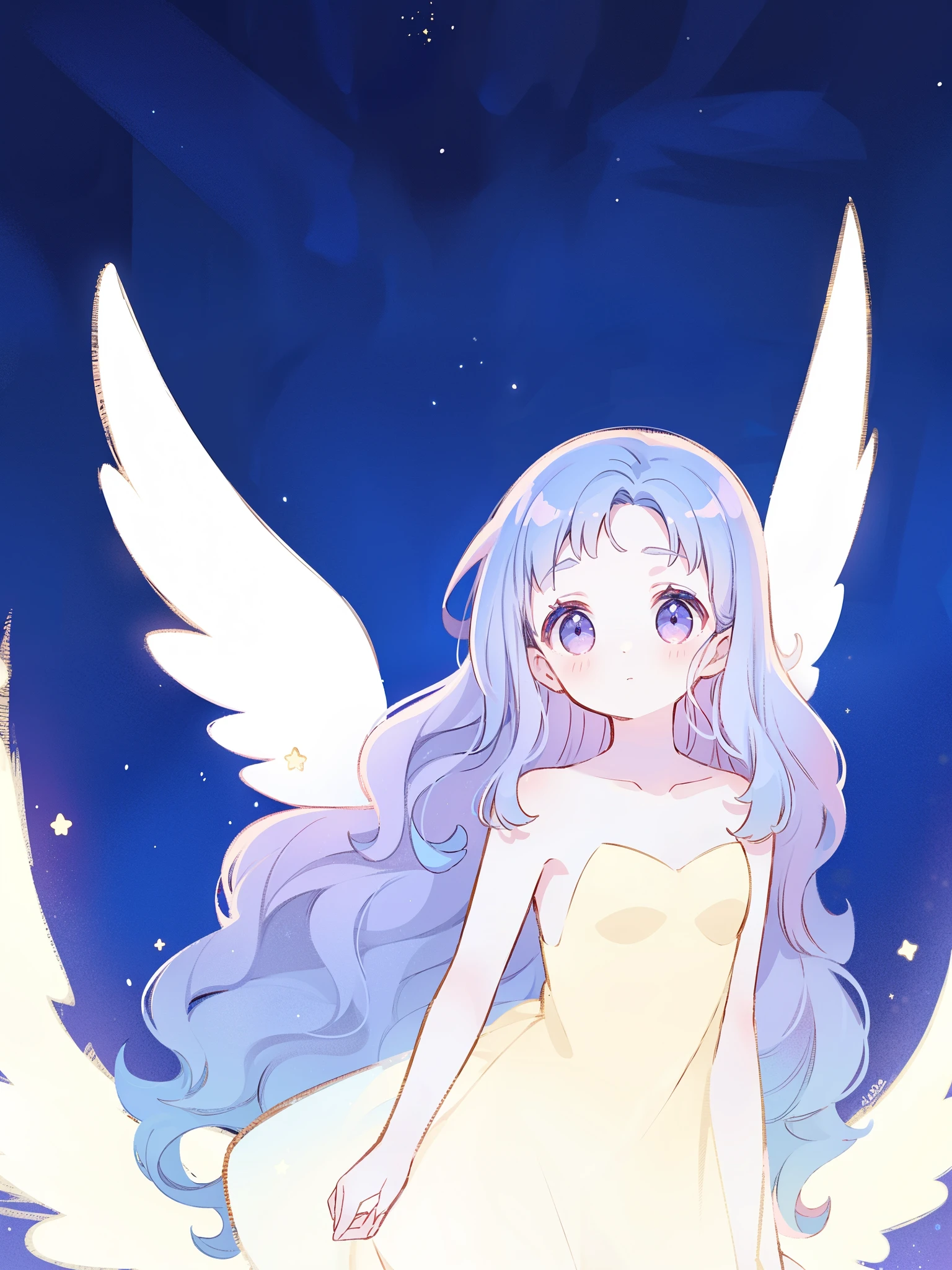 nude angel girl wearing an ethereal translucent dress, pale skin, ((wavy gradient blue purple hair)), white feathers, angel wings, sparkling detailed eyes, golden ratio face, perfect composition, highly detailed, ethereal, (starry night sky background), midjourney style