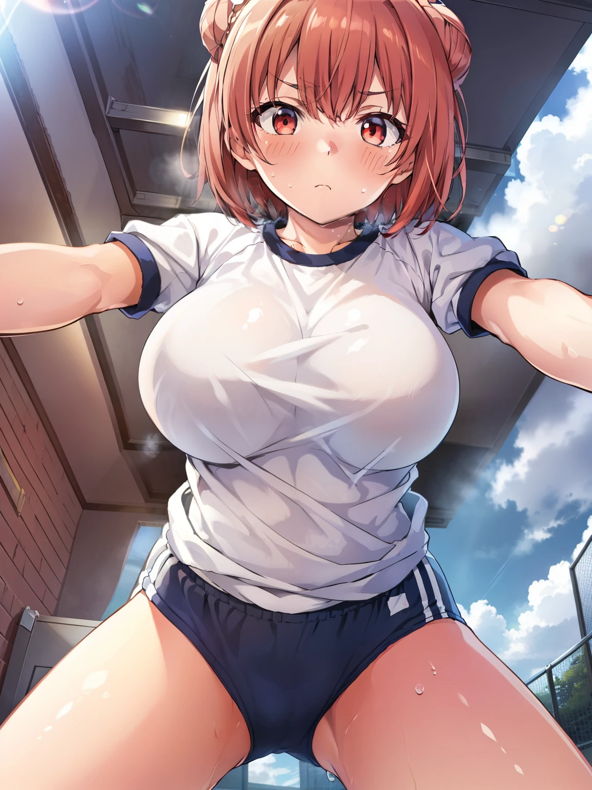 ((Highest quality, High resolution,  Perfect Pixel,  4K)),  (Beautiful Anime Girls), Depth of written boundary、
Watching the audience, 
Perfect body, 

yuigahama yui, (Big Breasts:1.3)、 Red eyes、 short hair, Single hair bun、


blue brown, Gym suit、Navy blue bloomers、

(blush、Sweat:1.3)、

View your viewers, From below, 
null、cloud、Outdoor、sunlight、

throw, Top girl, Straddle, Sex,