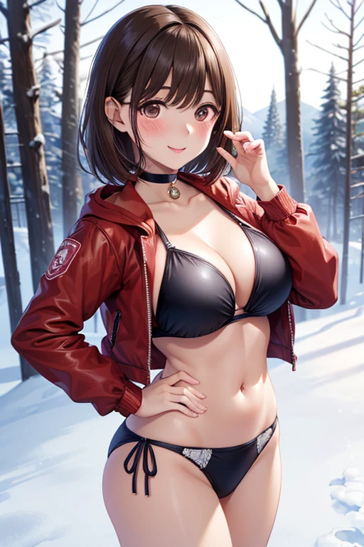 Nene Kasaki々、Shiny brown hair, short hair, Beautiful brown eyes、smile、Sparkling eyes, (fine grain)、Very fine eye、Highly detailed face, Highly detailed eyes,


(masterpiece:1.3, Highest quality, Ultra-high resolution, Super detailed), 
 (Red string bikini swimsuit:1.5,Down jacket:1.3,choker), 
 Beautiful Skin, (Open, Outdoor, Are standing, View from below the front:1.3,Cowboy Shot), Performance( Joyful:1.3,blush:1.3),stop temporarily( Are standing, Seductive pose:1.5),background(Snow Mountain:1.5,forest),(thin, Abdominal muscles:1.2), (Underwear visible through clothing),(I can see your butt through your clothes),(finely detailed perfect face),Normal hand:1.5,Normal finger:1:5,Normal feet:1.5,