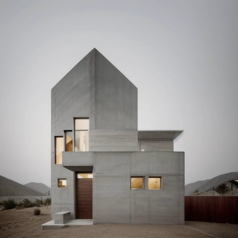 architectural concrete_finish, modern house, fair-face concrete, concrete, street view, in the mountains (masterpiece) 