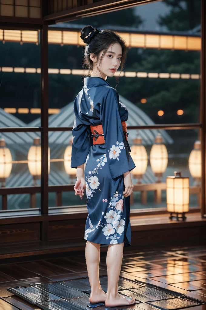 (((best quality))),(((ultra detailed))),(((masterpiece))),illustration,((1 beautiful Japannese girl,solo)),(neat bun:1.2),((slim,thin)),((small breasts,flat chest)),(in izakaya:1.3),(summer:1.2),(rainy:1.3),(indoor:1.2),(night scene:1.3),(wet:1.3),(collar:1.2),(blue floral yukata:1.3),(hakama:1.2),porcelain skin,(slender legs:1.2),(loafers:1.2),rouge,dimly lit,warm glow,ethereal,(standing:1.3),(arms behind back:1.2),sake bottle,half-empty glass,tray,grilled fish,steamed vegetables,half-eaten,melancholic smile,storm,solitude,enigmatic aura,tranquility,chaos,simplicity,mysterious,captivating,((from front,full body))