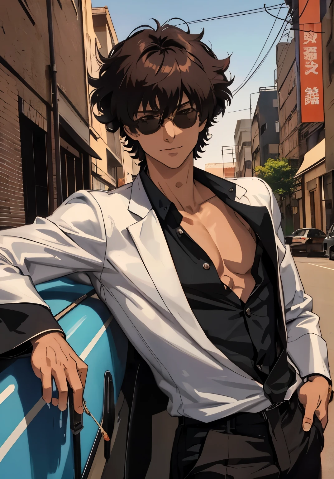 imagine Spike Spiegel with traces of Satoru Gojo, JUJUTSU KAİSEN, Handsome man with medium length black hair, wearing sunglasses on the bridge of the nose, revealing her deep dark brown eyes, looking at the viewers, Charismatic behavior, Confident expression with a subtle smile, hyper-realistic atmospheres, detaileds, 80s anime, 8k