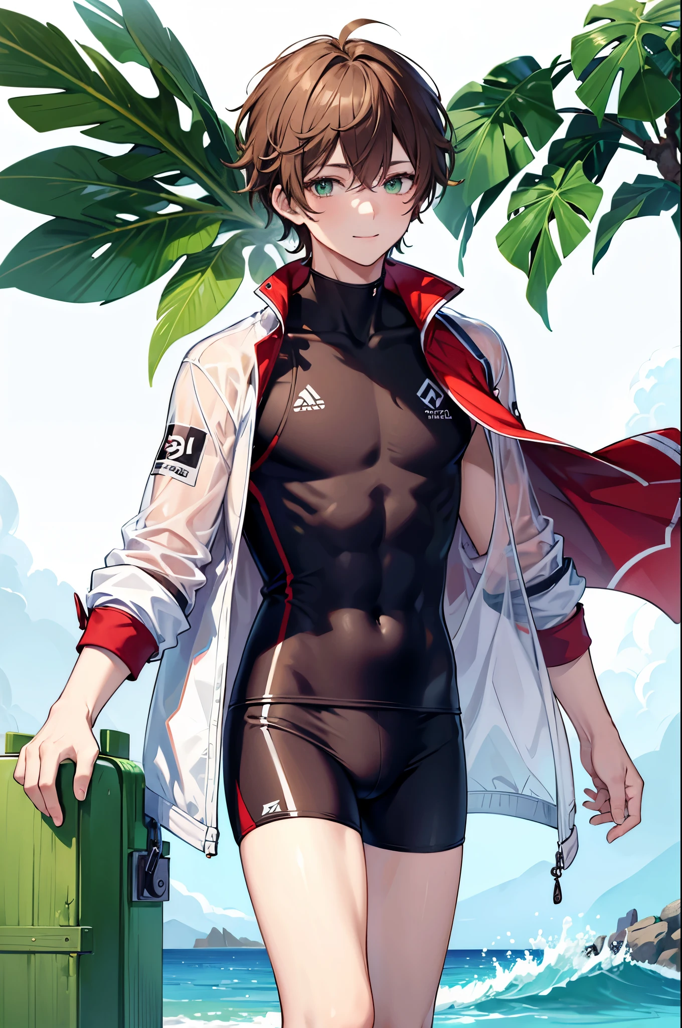 ((Highest quality)), ((masterpiece)), (detailed),((White background))、 Dark brown hair、（Green Eyes、Droopy eyes）、One man、Wear a rash guard、Swimming in the sea、good looking、Adult male、Adult、Muscular、Swimwear、smile、tall、youth