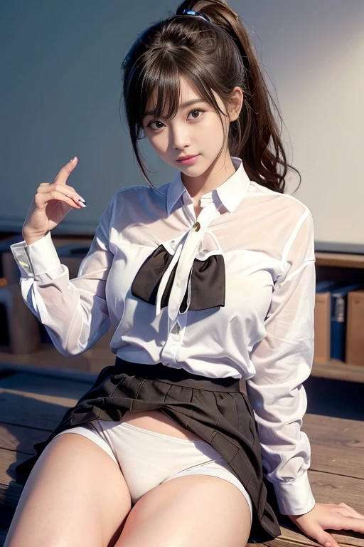 Ultra-high resolution,(reality: 1.4),Highest quality, masterpiece, Attention to detail, 16K quality, beautiful, 1 beautiful girl,Japanese,super beautiful face,Baby Face,Japanese idol face,Cute Face,Highly detailed face,Detailed hands,beautiful skin,Glowing Skin,Big eyes,Big smile,Professional Lighting,Face Light,(Sitting with your knees up),((Spread your legs)),Check skirt,Skirt Lift,(((Showing panties))),((White panties)),White shirt,Open shirt,Knee-high socks,Medium chest,ponytail, Black Hair,brown beautiful eyes, Browsing Caution,She is looking at the camera,classroom,
