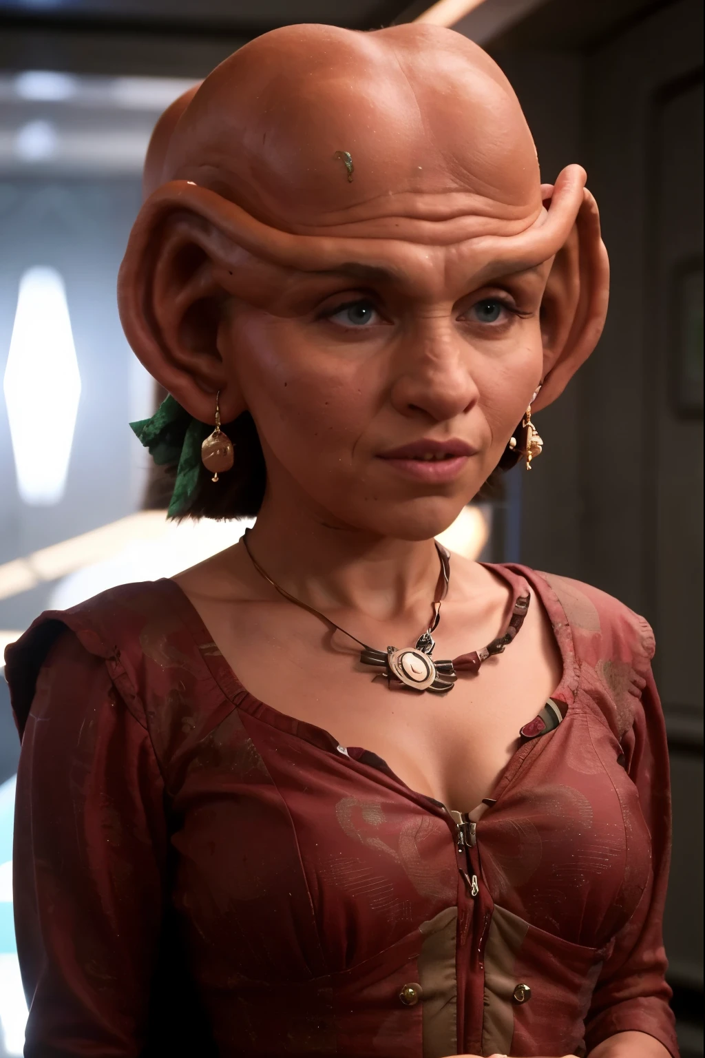 ferengi woman, Emilia Clarke, big ears, bald, forehead, dark skin, brow ridge, dress, earrings, 