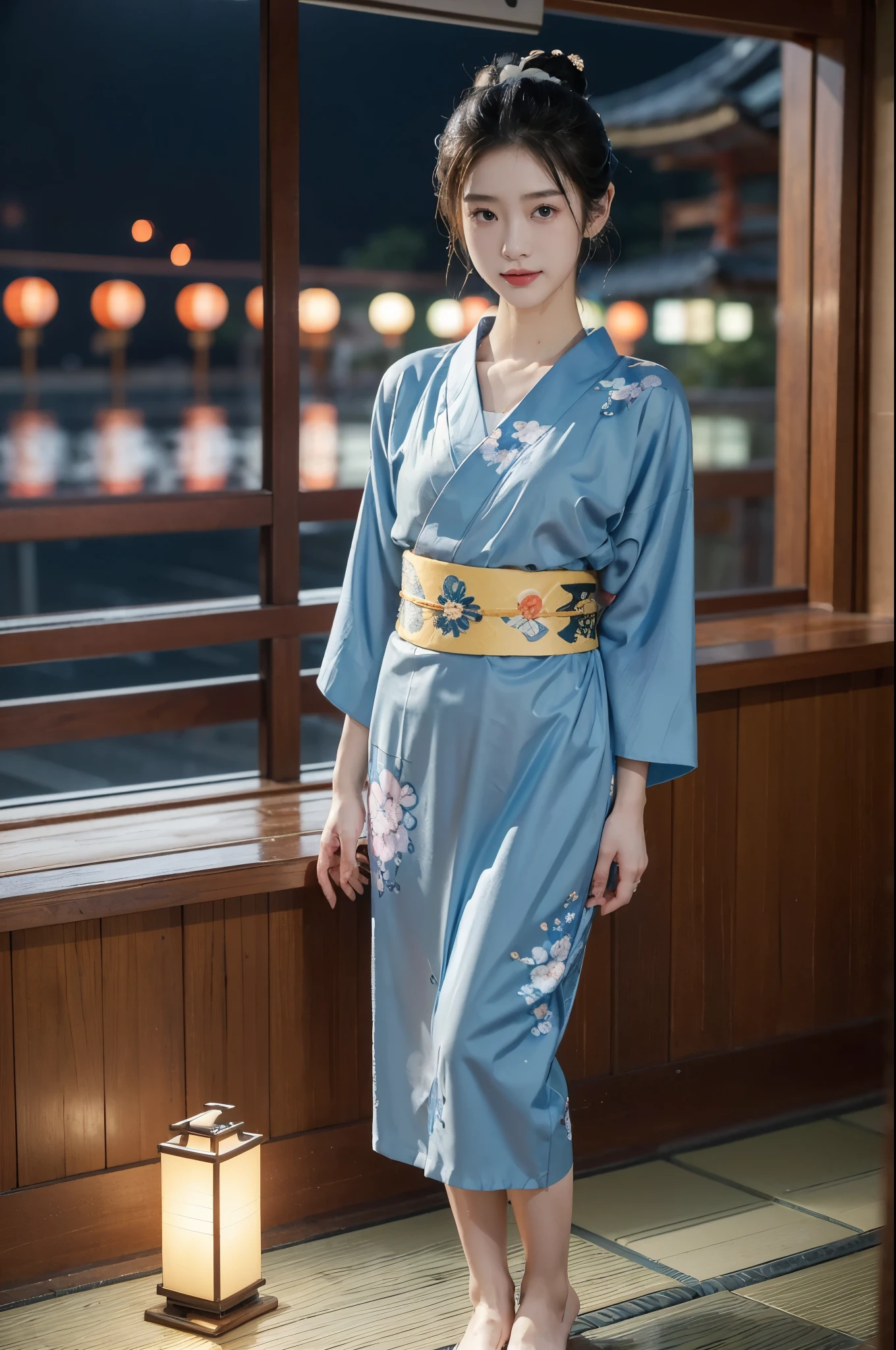 (((best quality))),(((ultra detailed))),(((masterpiece))),illustration,((1 beautiful Japannese girl,solo)),(neat bun:1.2),((slim,thin)),((small breasts,flat chest)),(in izakaya:1.3),(summer:1.2),(rainy:1.3),(indoor:1.2),(night scene:1.3),(wet:1.3),(collar:1.2),(blue floral yukata:1.3),(hakama:1.2),porcelain skin,(slender legs:1.2),(loafers:1.2),rouge,dimly lit,warm glow,ethereal,(standing:1.3),(arms behind back:1.2),sake bottle,half-empty glass,tray,grilled fish,steamed vegetables,half-eaten,melancholic smile,storm,solitude,enigmatic aura,tranquility,chaos,simplicity,mysterious,captivating,((from front,full body))