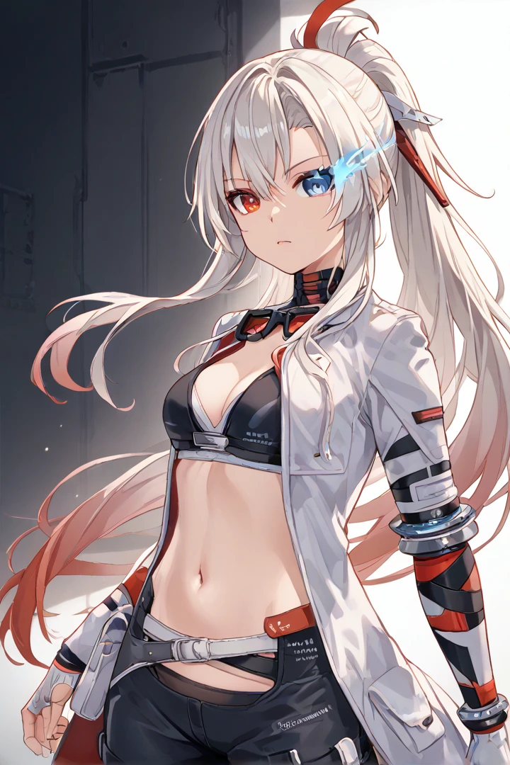 ((heterochromia )) (((double coulored eyes))) solo, white hair, red ribbon, headgear, ponytail, gradient hair, white coat, goggles, goggles around neck, red eyes, blue eyes, black sclera, blue flaming eye, white coat, sports bra, prosthetic arm, bandaged arm
BREAK detailed shading, (((cowboy shot))), black pants, single pantsleg,