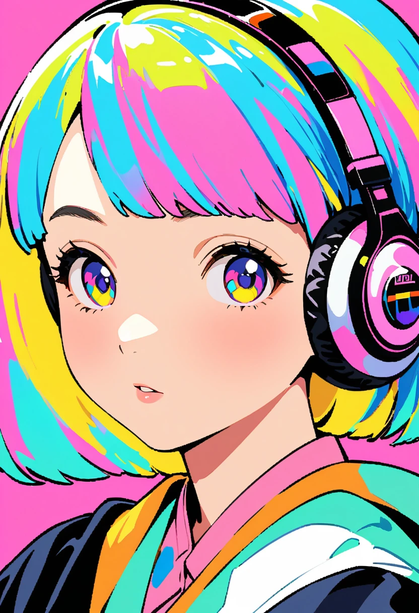 (Highest quality:1.2, City Pop Style, Very detailed, Latest, Vibrant, High Contrast, masterpiece:1.2, Highest quality, Best aesthetics), boy, ((Face Up Shot:1.4)), Colorful Hair, Bobcut, pastel colour, 1980s style, ((Retro, Vintage, Plain background))　Headphones,Drawing