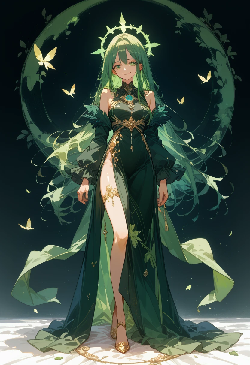 shiny Anime,Beautiful with Dark Green Hair and Long Hair,smile,bright colors,Precise Detailed Detail,Full-length look