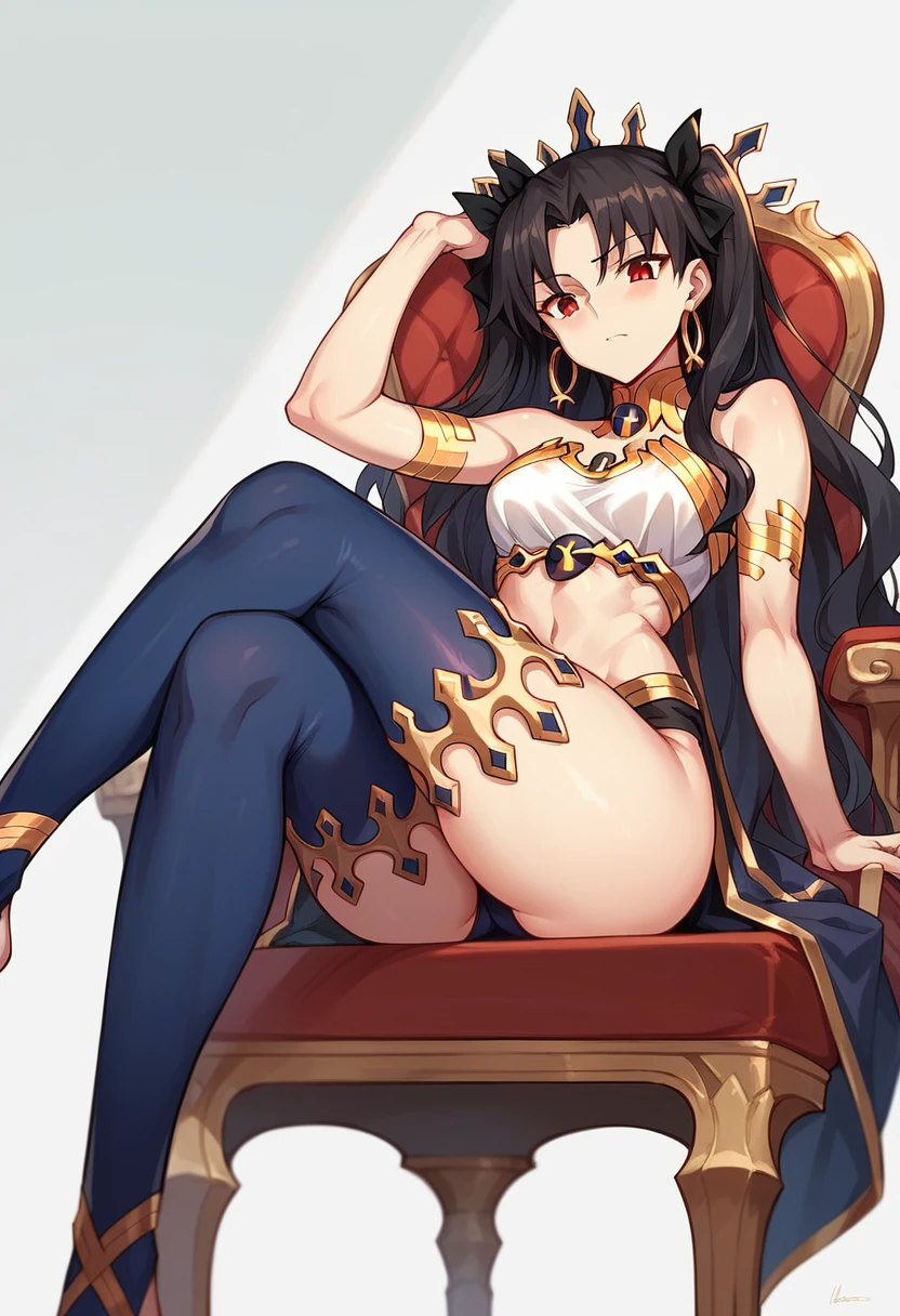 1 girl, Ishtar, Fate Grand Order, sitting on a chair, legs crossed , ((1 blue thigh high on her right leg only)), looking down at viewer POV