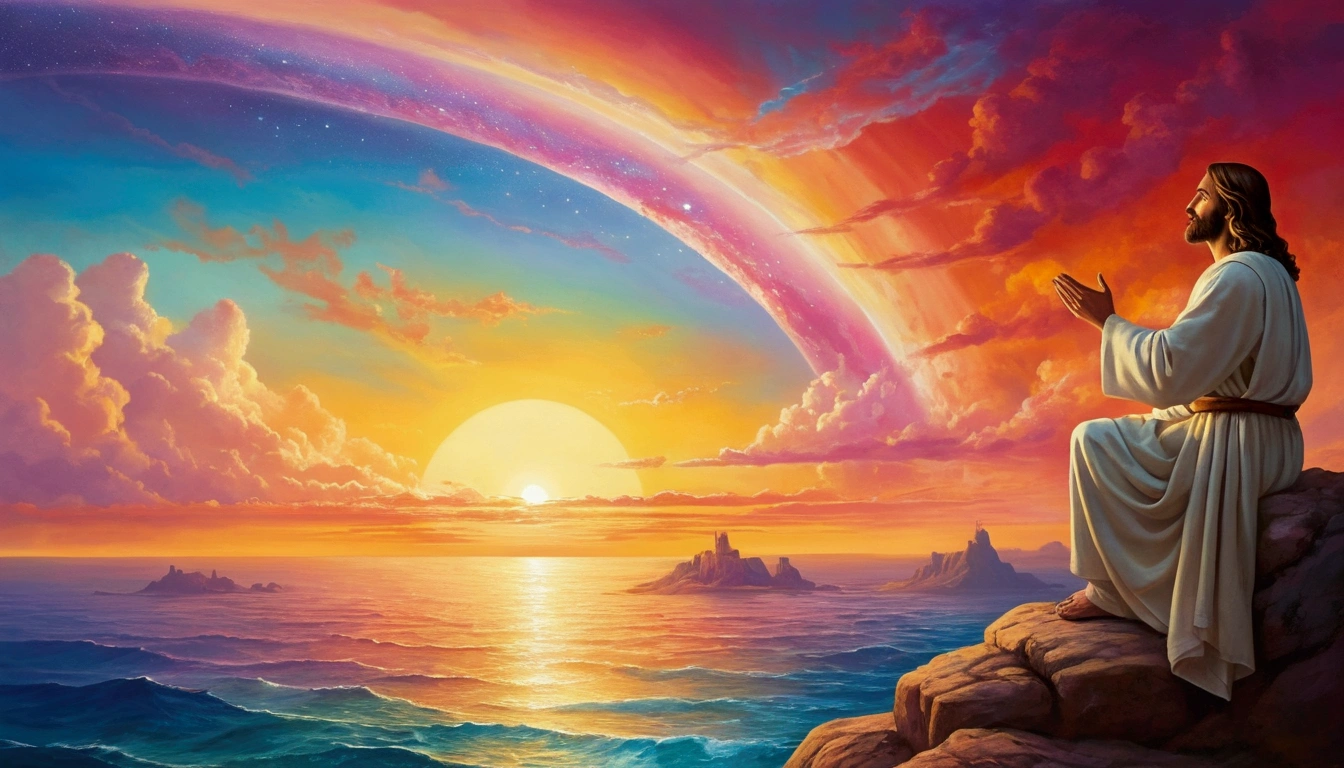 An artistic depiction that shows Jesus observing His creation with a amazing colorful horizon