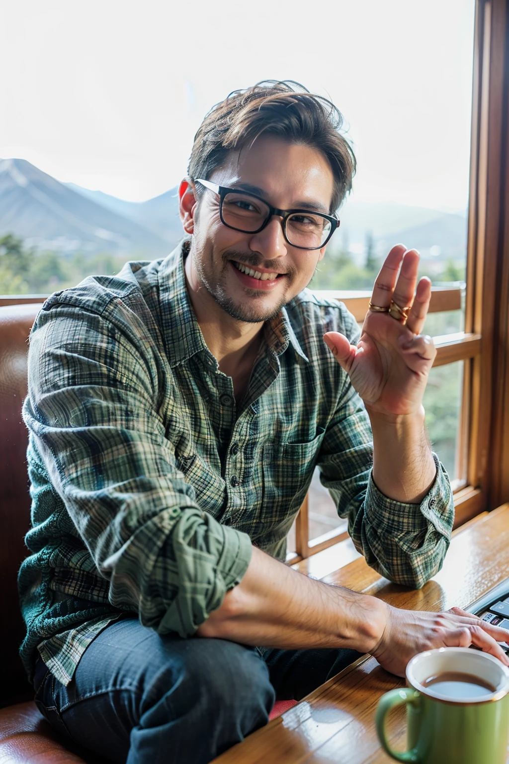 Raising a 40-Year-Old Man, smiling happily, Wear thin-rimmed gold-rimmed glasses, Holding a colorful mug with colorful patterns in hand, The other hand gestures like,Green plaid shirt and jeans, Brown eyes, The screen is flawless.Mount Whitehead Fuji outside the window in the background