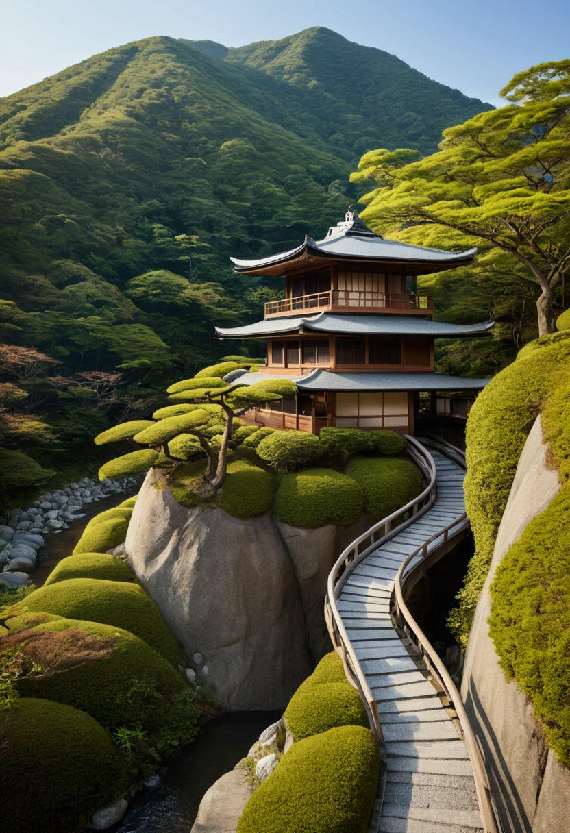 A Japanese-style house high on a mountain with a path of padras to a tranquil river.
