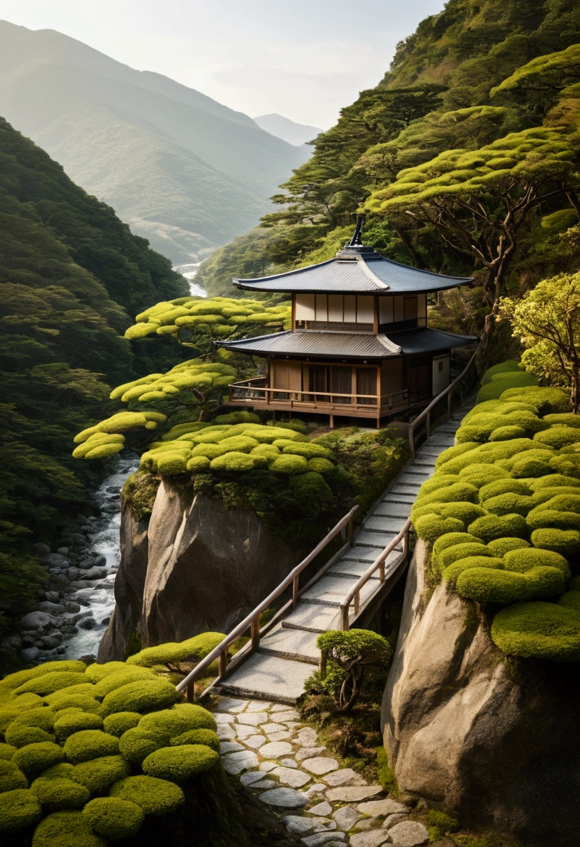 A Japanese-style house high on a mountain with a path of padras to a tranquil river.