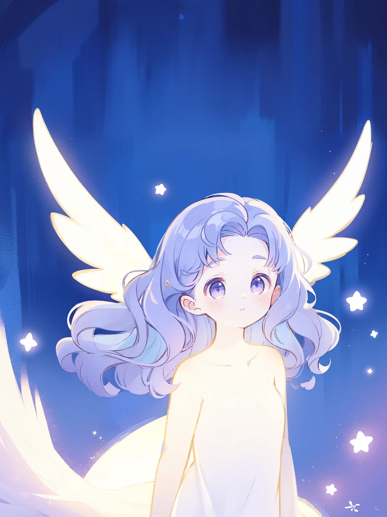 nude angel girl wearing an ethereal translucent dress, pale skin, ((wavy gradient blue purple hair)), white feathers, angel wings, sparkling detailed eyes, golden ratio face, perfect composition, highly detailed, ethereal, (starry night sky background), midjourney style
