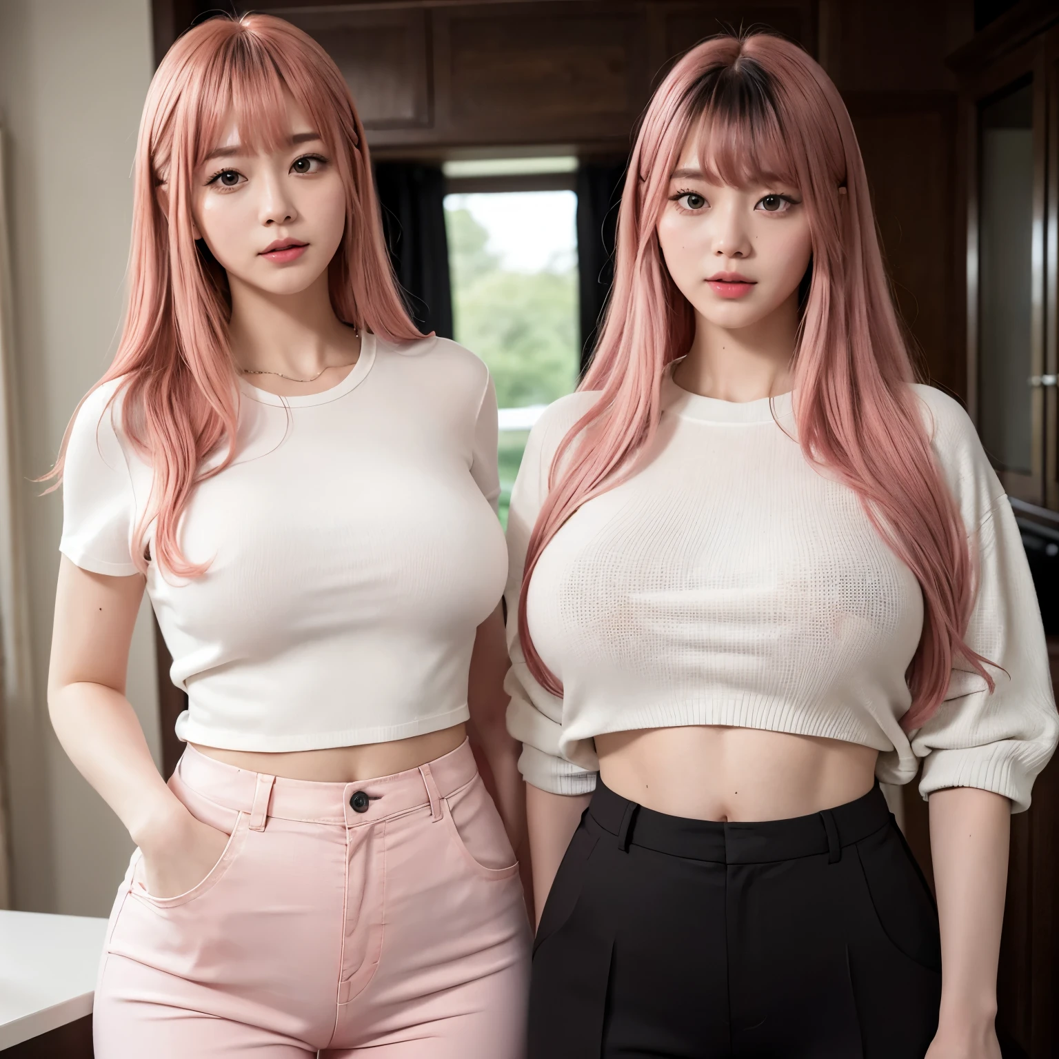 Highest quality、Ultra-high resolution、RAW shooting、Professional Lighting、Detailed Background、coastal、Full Body、Makima、25-year-old female、(High tone cherry pink hair)+(Long Hair)+(bangs)、(Yellow Eyes)、White see-through shirt,(Black trousers:1.5)、Huge breasts that look like they might burst、Modest abdominal muscles、Big Ass、Big thighs、A sloppy smile、Close your mouth、(Sweaty skin)、