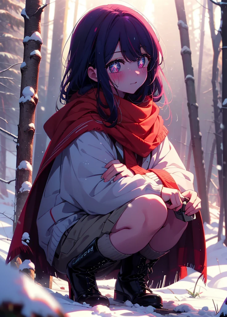 aihoshino, Ai Hoshino, Long Hair, bangs, (Purple eyes:1.1), Purple Hair, (Symbol-shaped pupil:1.5), smile,,smile,blush,white breath,
Open your mouth,snow,Ground bonfire, Outdoor, boots, snowing, From the side, wood, suitcase, Cape, Blurred, , forest, White handbag, nature, Squat, Mouth closed, Cape, winter, Written boundary depth, Black shoes, red Cape break looking at viewer, Upper Body, whole body, break Outdoor, forest, nature, break (masterpiece:1.2), Highest quality, High resolution, unity 8k wallpaper, (shape:0.8), (Beautiful and beautiful eyes:1.6), Highly detailed face, Perfect lighting, Highly detailed CG, (Perfect hands, Perfect Anatomy),