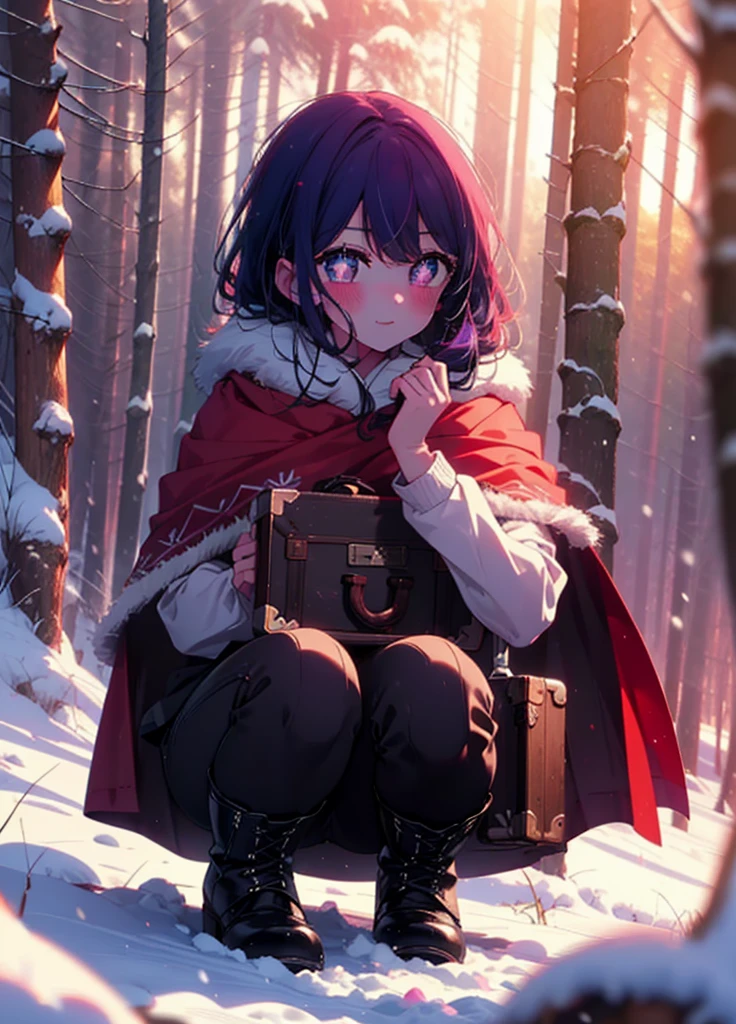 aihoshino, Ai Hoshino, Long Hair, bangs, (Purple eyes:1.1), Purple Hair, (Symbol-shaped pupil:1.5), smile,,smile,blush,white breath,
Open your mouth,snow,Ground bonfire, Outdoor, boots, snowing, From the side, wood, suitcase, Cape, Blurred, , forest, White handbag, nature,  Squat, Mouth closed, Cape, winter, Written boundary depth, Black shoes, red Cape break looking at viewer, Upper Body, whole body, break Outdoor, forest, nature, break (masterpiece:1.2), Highest quality, High resolution, unity 8k wallpaper, (shape:0.8), (Beautiful and beautiful eyes:1.6), Highly detailed face, Perfect lighting, Highly detailed CG, (Perfect hands, Perfect Anatomy),