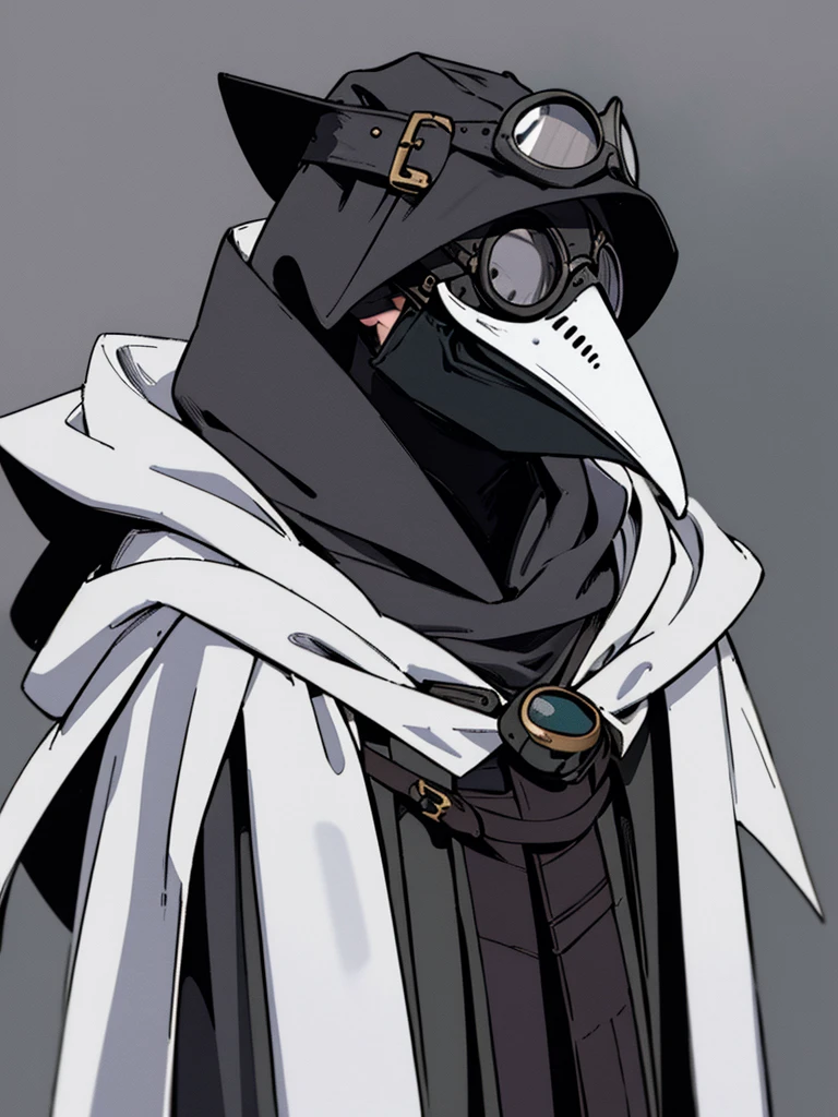 (masterpiece), (best quality),(portrait),plague_doctor_mask,1boy,wearing goggles,((ancient)),fantasy,thief, mystical person,(hood),wizard outfit,white mask,white goggles,black cloak,old school fantasy art,solo,(sharp focus),((simple background)),gray background,