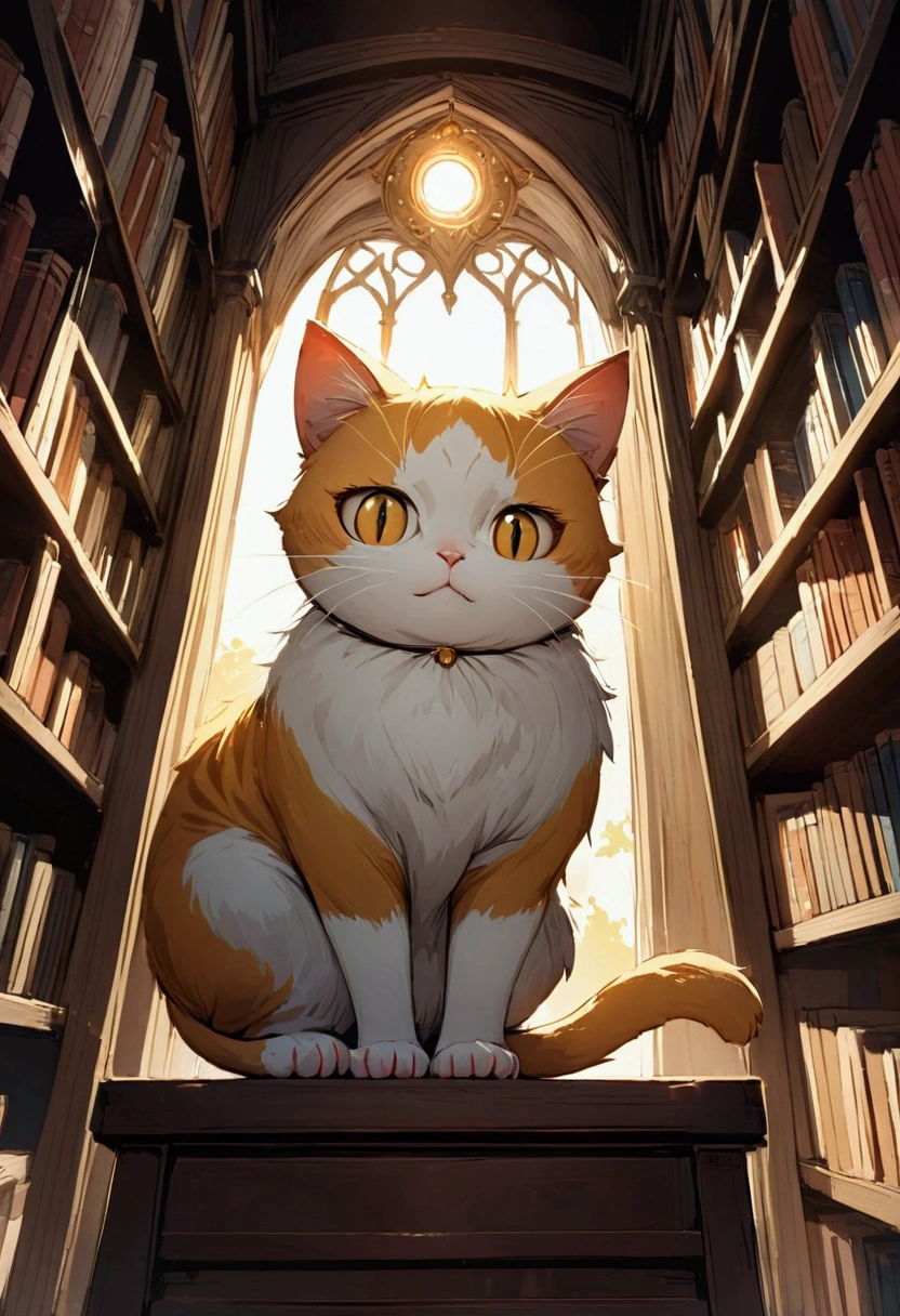 Boss cat looking down from the top of a very high bookshelf, 
