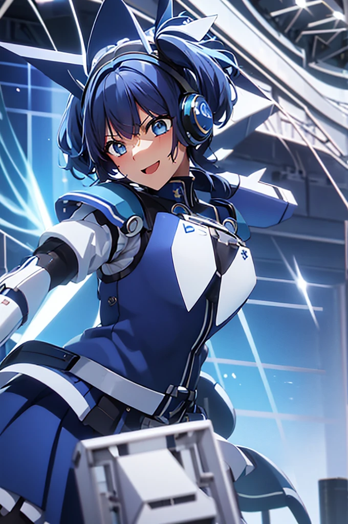 mecha wings、White and blue skirt、Thighs、tights、chest、Twin tails、Blue Hair、1 girl、solo girl、IS、Frame Arms Girl、Alice Gere Aegis、blue armor、income、headphone、hand on own chest、smile、idol woman、idol dress