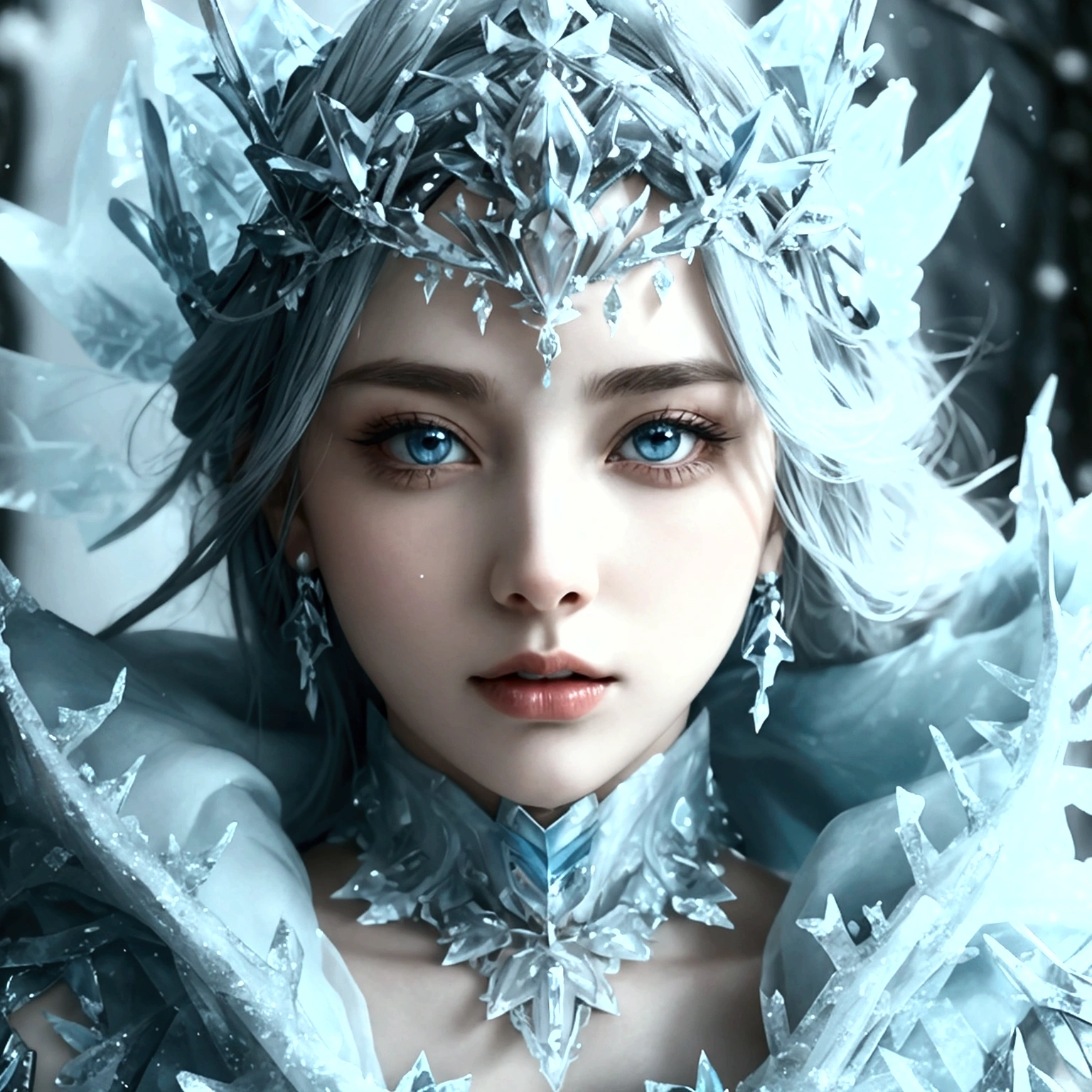 Design an anime-style character named Talia, the 'Frost Queen.' Talia should exude an icy, regal presence with a serene, commanding expression. Her eyes should be a striking, icy blue, reflecting her frost-themed power. She should be posed elegantly, embodying both grace and authority. Outfit Talia in a majestic gown inspired by ice and snow, featuring intricate patterns of frost and snowflakes. The gown should flow with a shimmering, icy texture, complemented by a high collar and a trailing cape that appears to be made of delicate, frozen fabric. Her crown should be adorned with sparkling ice crystals and her scepter should be a majestic staff topped with a frosty orb. Design Talia's surroundings to reflect a wintry wonderland, with snow-covered landscapes, glistening icicles, and a soft, ambient light that enhances the frosty atmosphere. Include magical frost effects around her, emphasizing her control over ice. The background should feature a serene, snowy landscape with distant, frosted mountains and a soft, wintry sky. Ensure the artwork captures Talia’s majestic and ethereal essence, making her the epitome of frozen elegance.