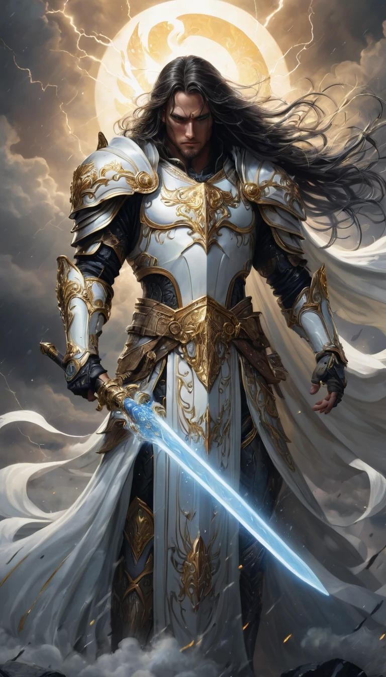 A stunning, highly detailed dark fantasy full body illustration of a proud angelical warrior with milky white pale sking wearing intricate medieval white HKStyle armor painted white and ornamented with gold and with black long hairs hanging in the winds ,man , holding a great golden glowing sword, golden and blue glooming eyes, very wide shoulders, wearing big gauntlets, epic composition. The warrior stands heroic with a flowing cloak during a storm with foggy gloom, thunderclouds in the background . The scene depicts him with brooding emotional agony , style by Greg Rutkowski, by Milo Manara and Russ Mills, with insanely intricate details and textures, gloomy dramatic lighting, 8K resolution
