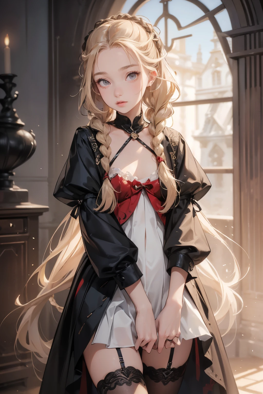 ((best quality)), ((masterpiece)), (detailed), 1girl, (big forhead:1.2),extremely detailed cute anime face, (((flat chest))), (flat chest:1.1),((((long twin braids,tight braids,long braid,braided hair,long hair)))),intricate eyes,beautiful detailed eyes,symmetrical eyes,(((detailed face))),beautiful detailed lips, dynamic pose, looking at this, resolved, resolute, highres,(best quality),(ultra detailed,extremely detailed),perfect face details, ((masterpiece:1.4, best quality))+, (ultra detailed)+, long twintails, cute girl, (flat chest:1.1), small breasts, slim body, skinny, prominent collarbones, skinny arms, flat stomach, visible hip bones, long hair, red hair, white hair, blonde hair, dark hair, ponytail, thick ponytail, heavy ponytail, small breasts, perfect face, small breasts (flat chest:1.1), Detailed body,Full limbs, (flat chest:1.1), A female knight,Yellow hair,diadems, Wide-angle, Bokeh, Wide-angle, High details, High quality, High Quality anime art style, Masterpiece, bloodborne inspired, bloodborne aesthetic, ornate gothic attire, gothic, occult aesthestic, occult, whole body, full body, body, ornate mourning wear, templar knight inspired, red and white clothing,
