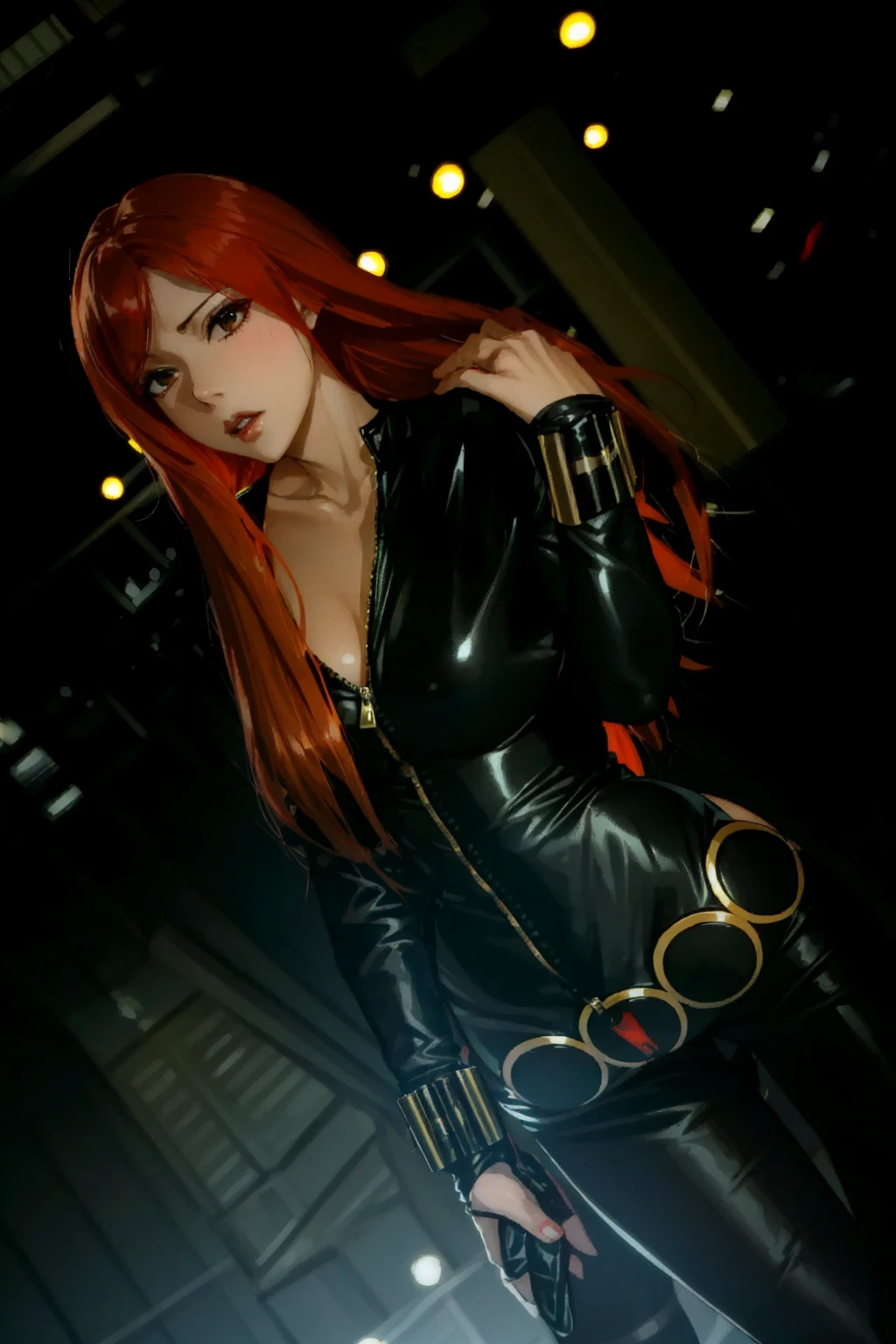 The image features Black Widow from the Marvel Universe. Dressed in a sleek skin-tight shiny black latex bodysuit with a deep-cut zipper neckline revealing a large chest, the silver zipper running down the front. The suit is complemented by her golden wrist guard on both wrists and a belt made of golden circles around her waist. She poses with one hand on her hip holding a gun and the other touching her long red straight hair. The image's background is dark with light elements, creating a mysterious ambiance.